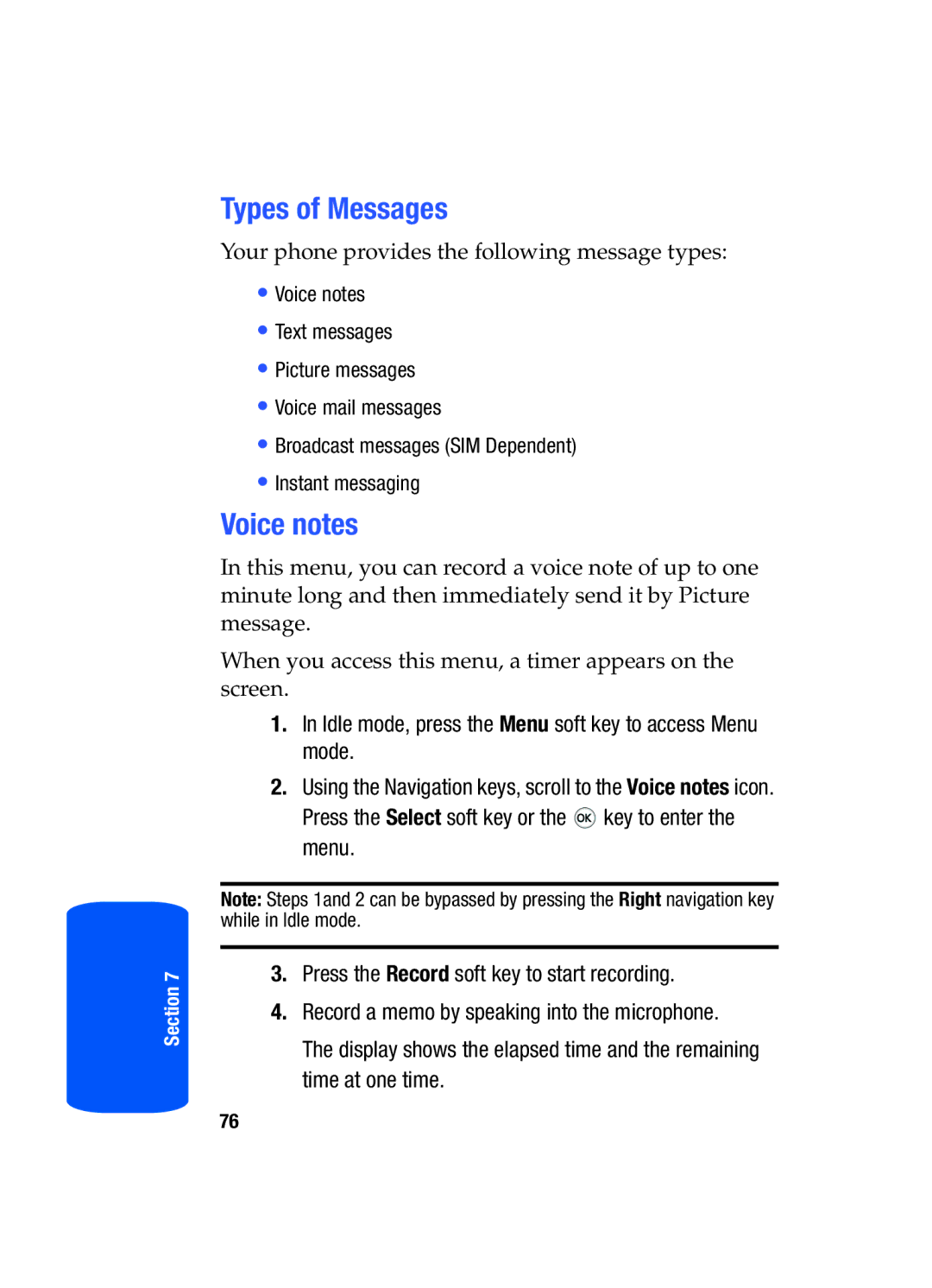 Samsung SGH-T519 manual Types of Messages, Voice notes 