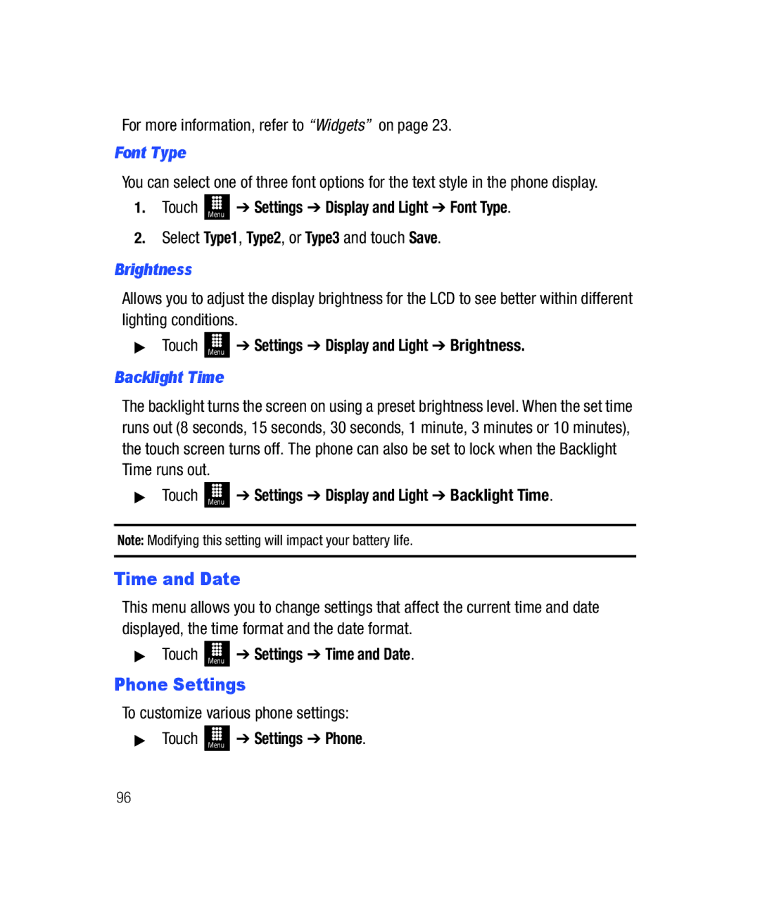 Samsung SGH-T528G user manual Time and Date, Phone Settings, Font Type, Brightness, Backlight Time 