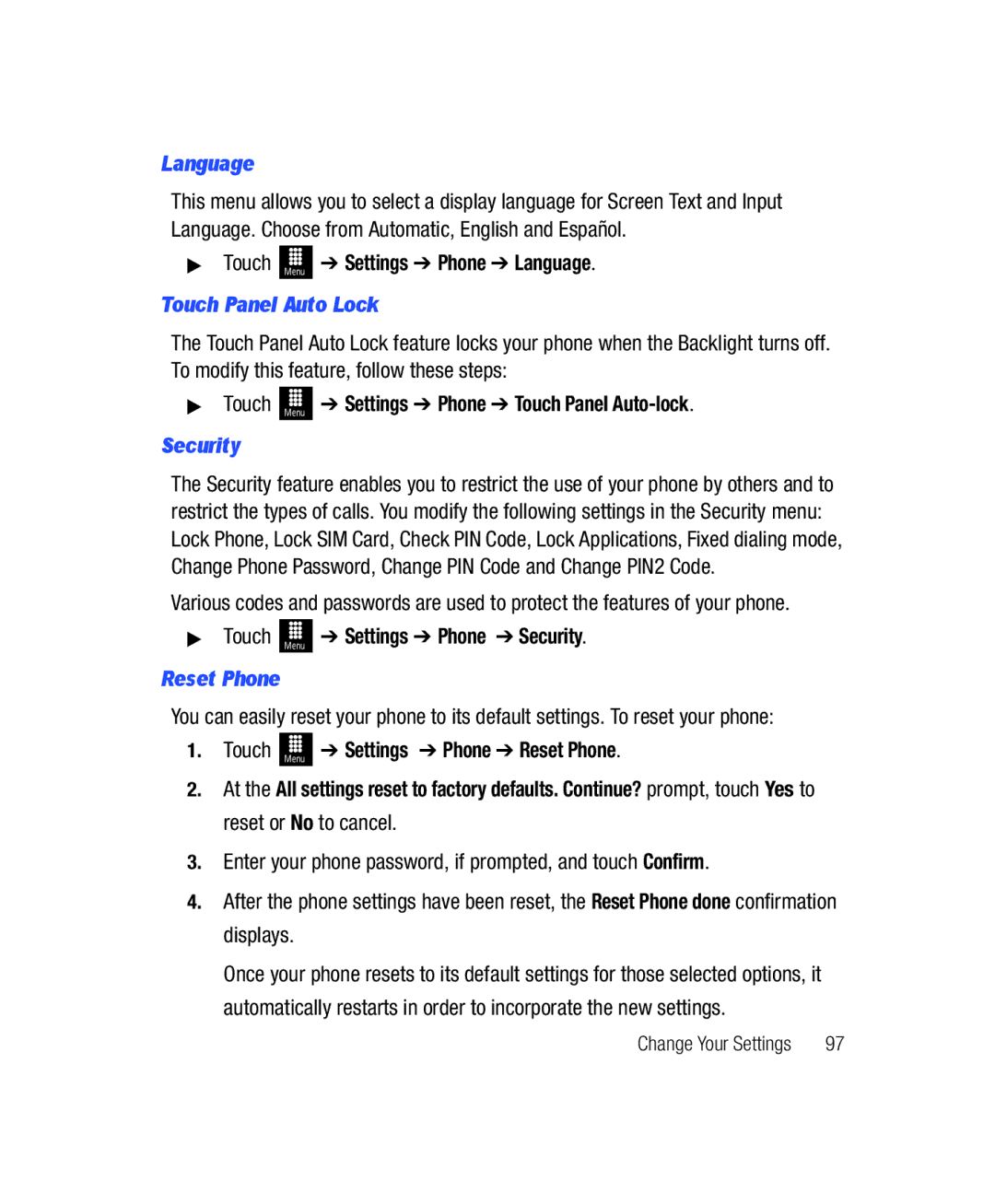 Samsung SGH-T528G user manual Language, Touch Panel Auto Lock, Security, Reset Phone 