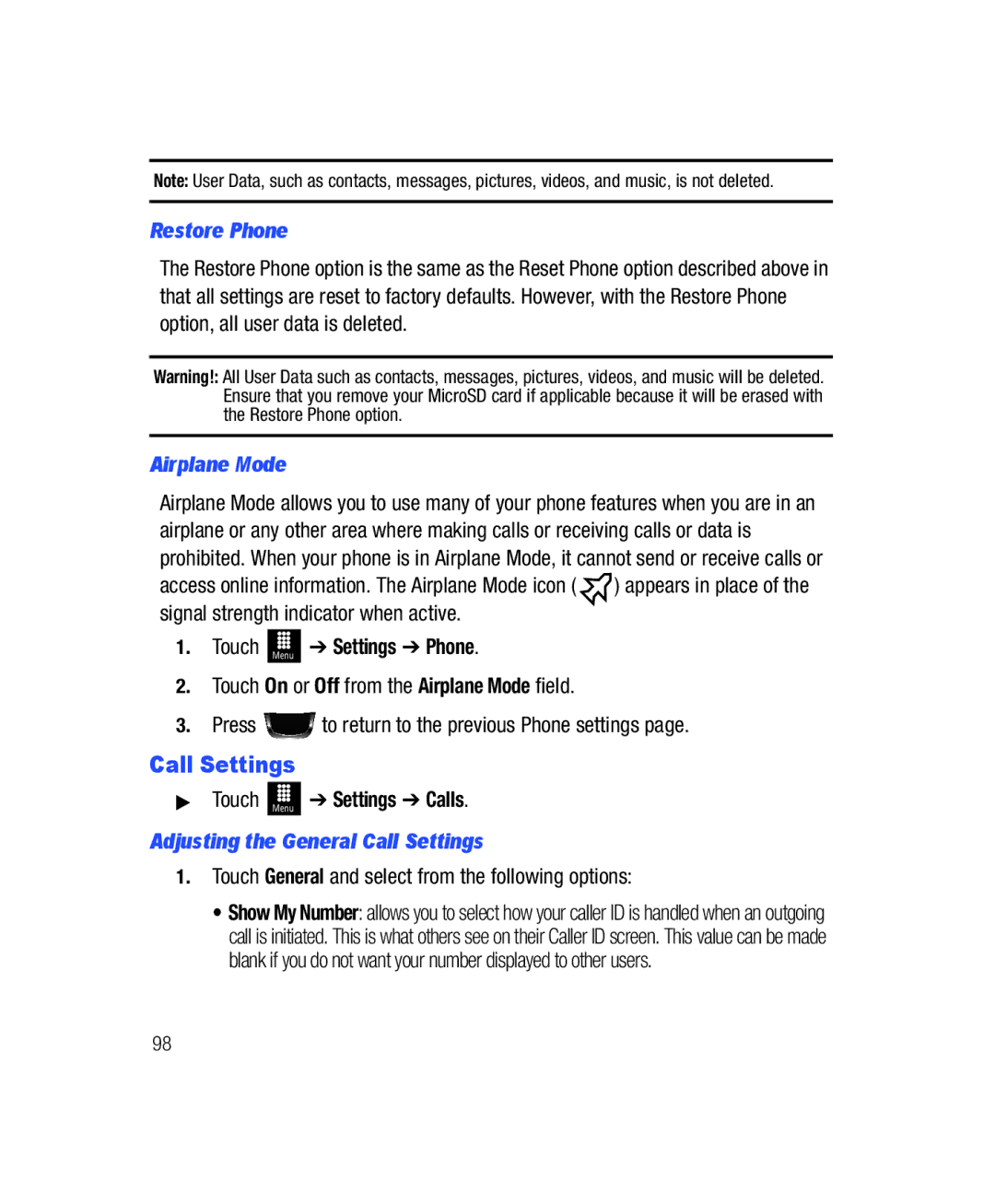 Samsung SGH-T528G user manual Restore Phone, Airplane Mode, Touch Menu Settings Phone, Settings Calls 