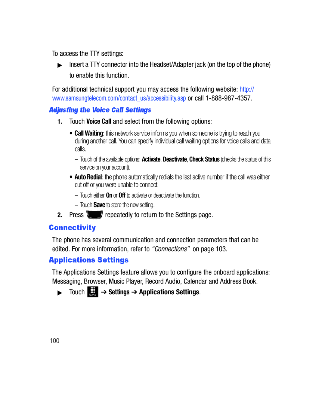 Samsung SGH-T528G user manual Connectivity, Adjusting the Voice Call Settings, Settings Applications Settings 