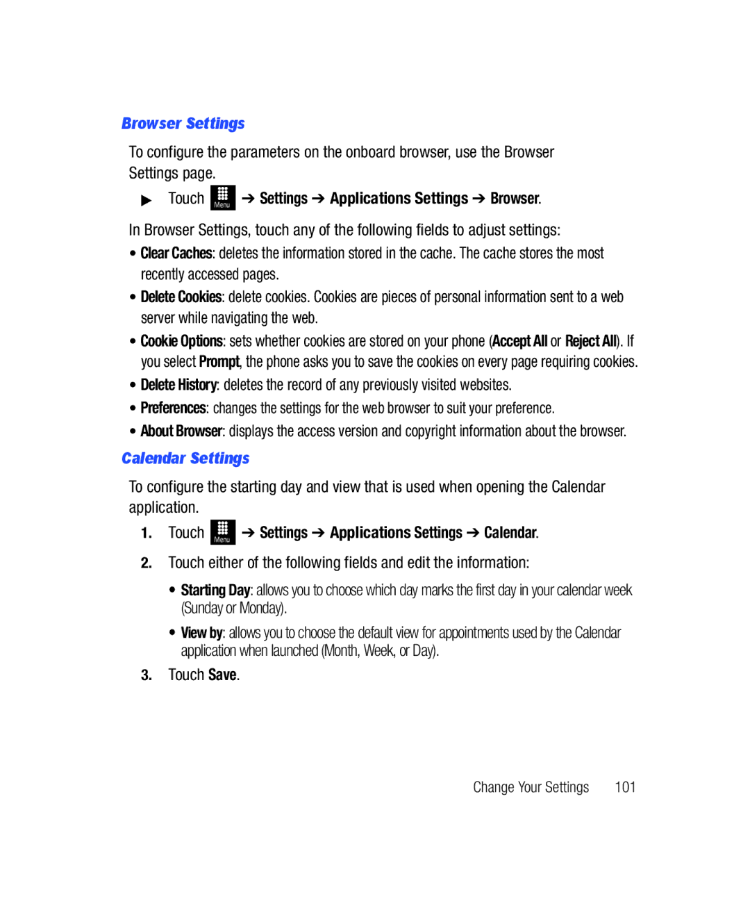 Samsung SGH-T528G user manual Browser Settings, Settings Applications Settings Browser, Calendar Settings 