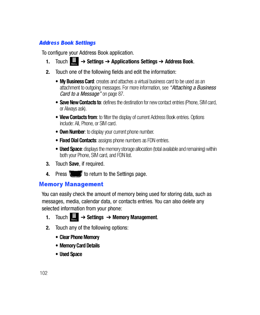 Samsung SGH-T528G Memory Management, Address Book Settings, Touch Menu Settings Applications Settings Address Book 