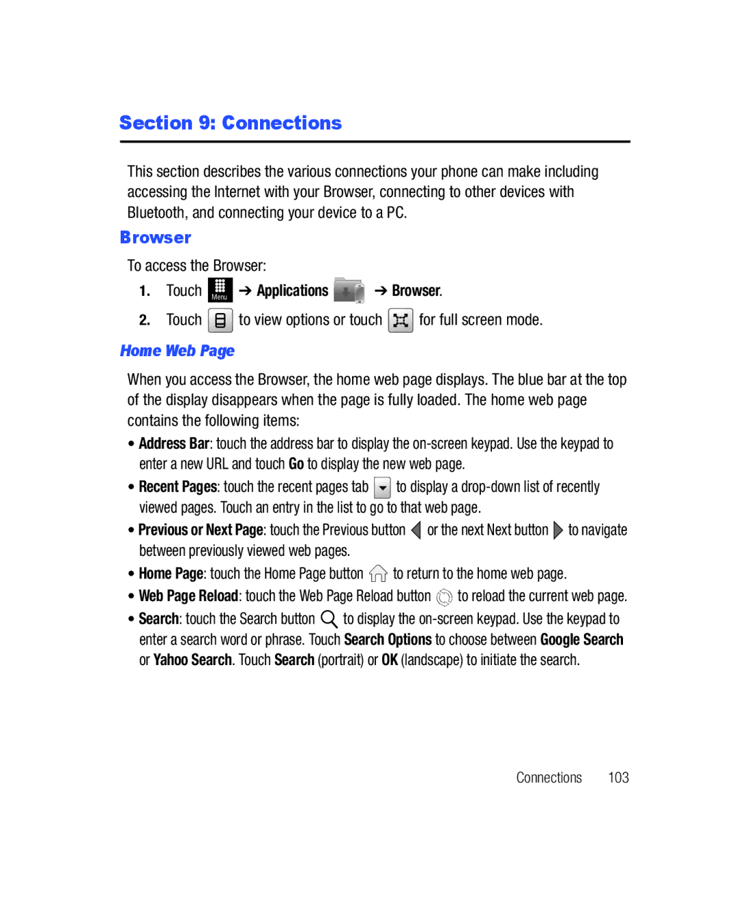 Samsung SGH-T528G user manual Connections, Touch Menu Applications Browser, Home Web 