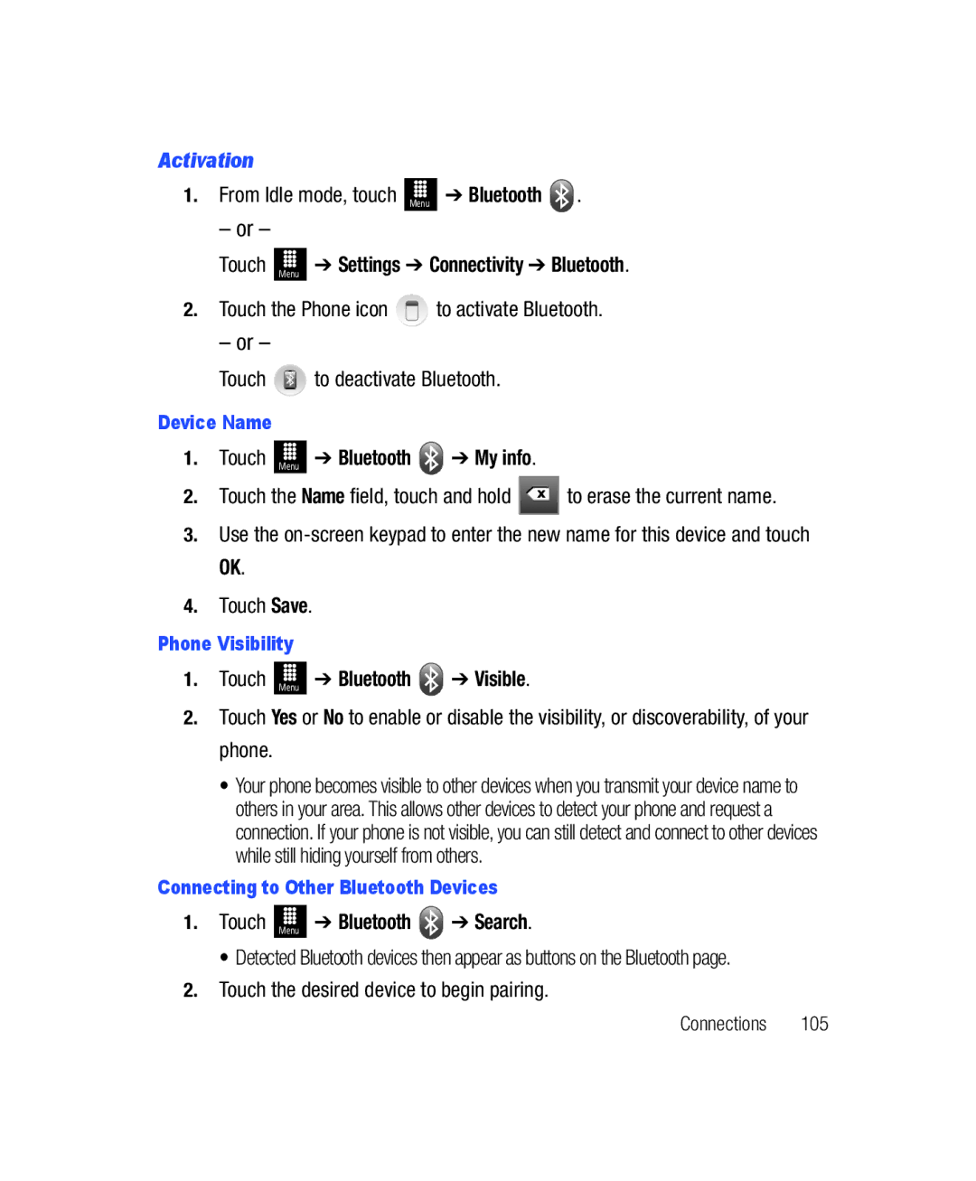 Samsung SGH-T528G user manual Activation, Touch Menu Settings Connectivity Bluetooth, Bluetooth Visible, Bluetooth Search 