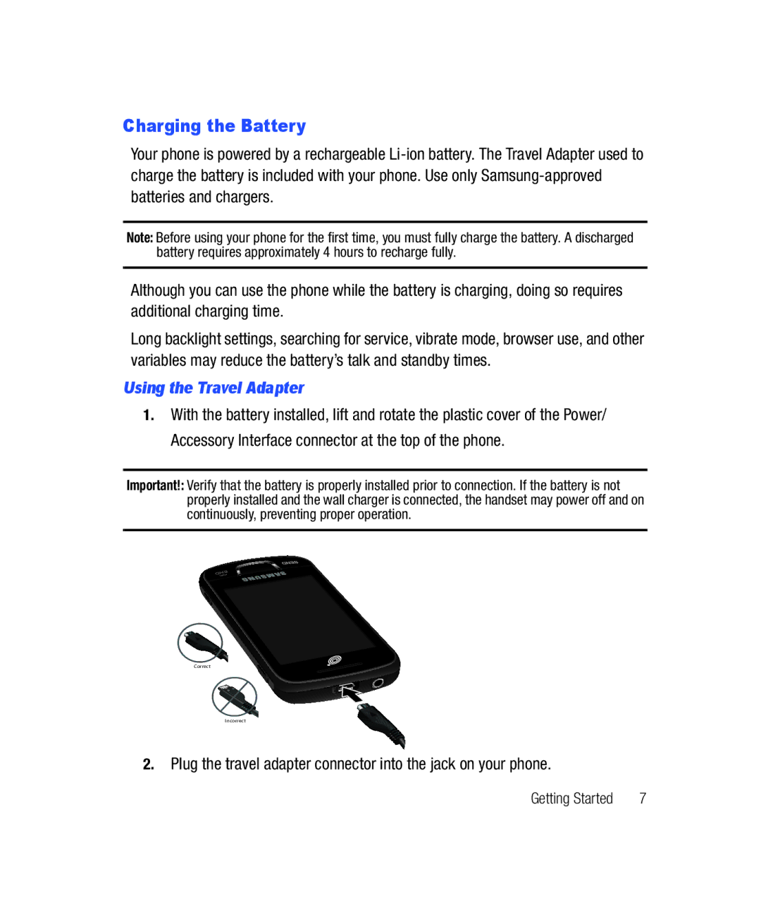 Samsung SGH-T528G user manual Charging the Battery, Using the Travel Adapter 