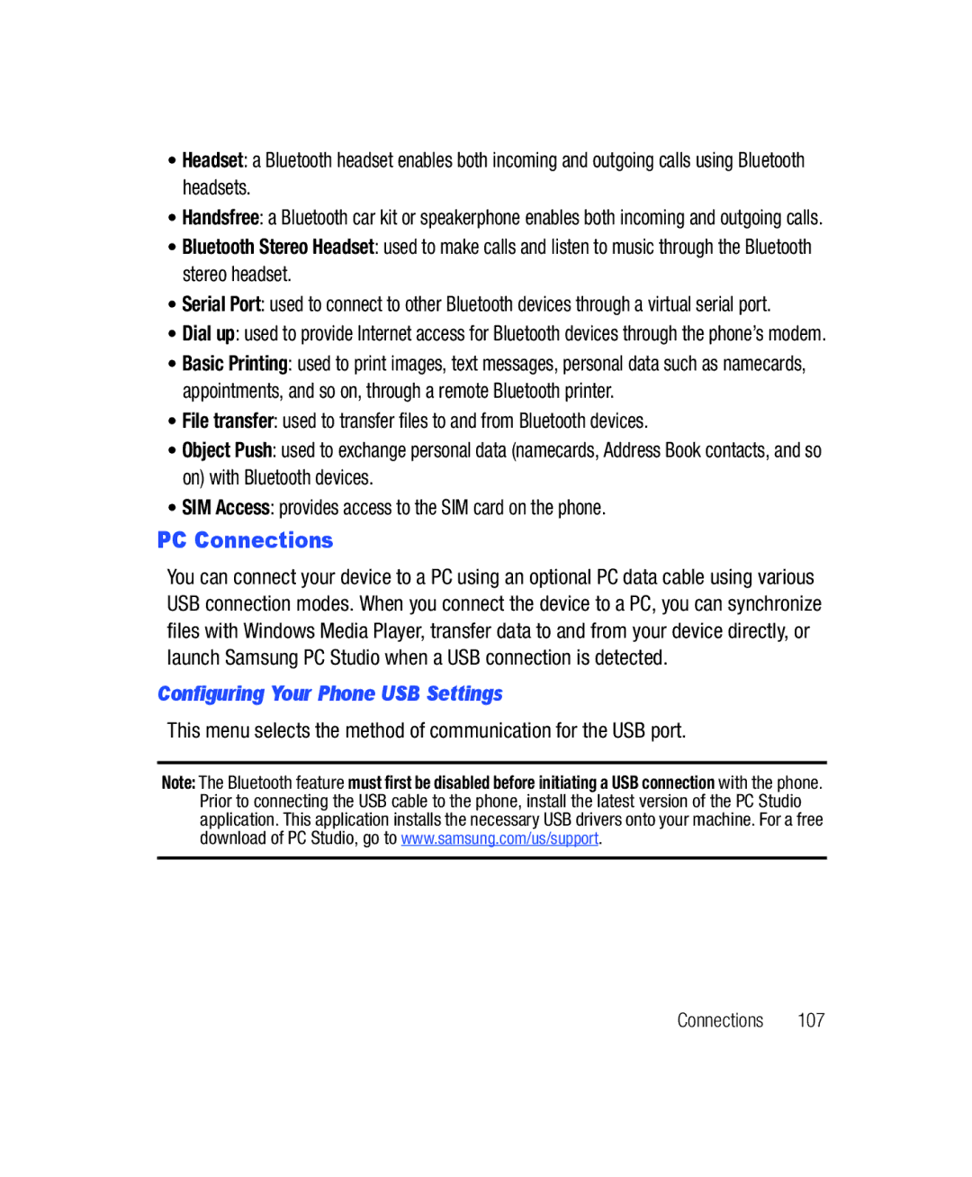 Samsung SGH-T528G user manual PC Connections, Configuring Your Phone USB Settings 