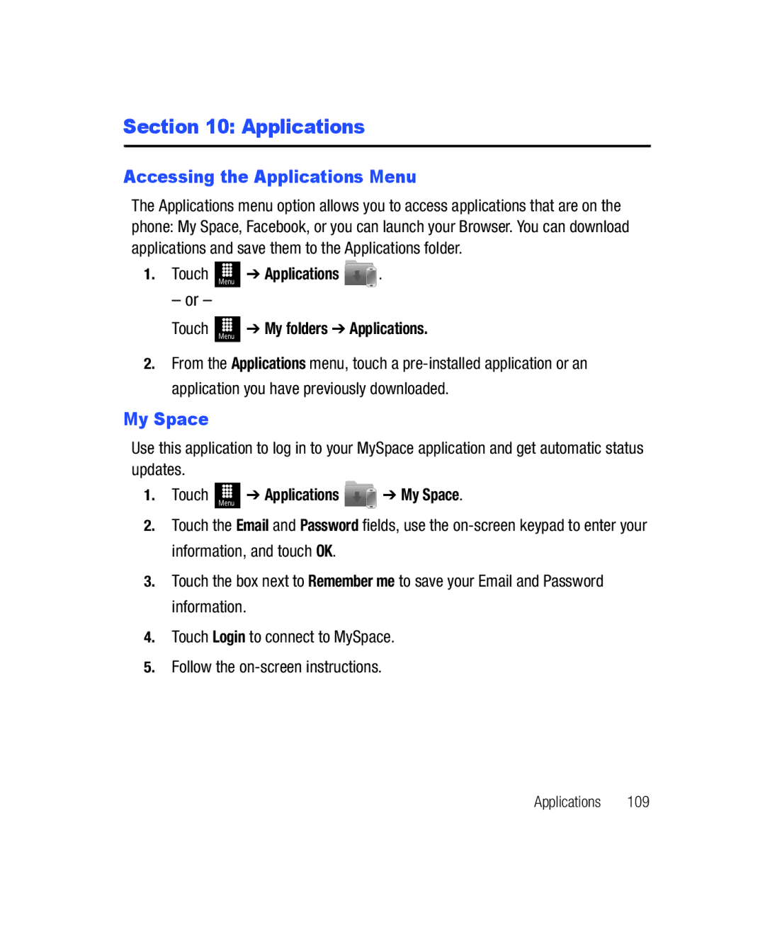 Samsung SGH-T528G user manual Accessing the Applications Menu, My Space, Applications My folders Applications 