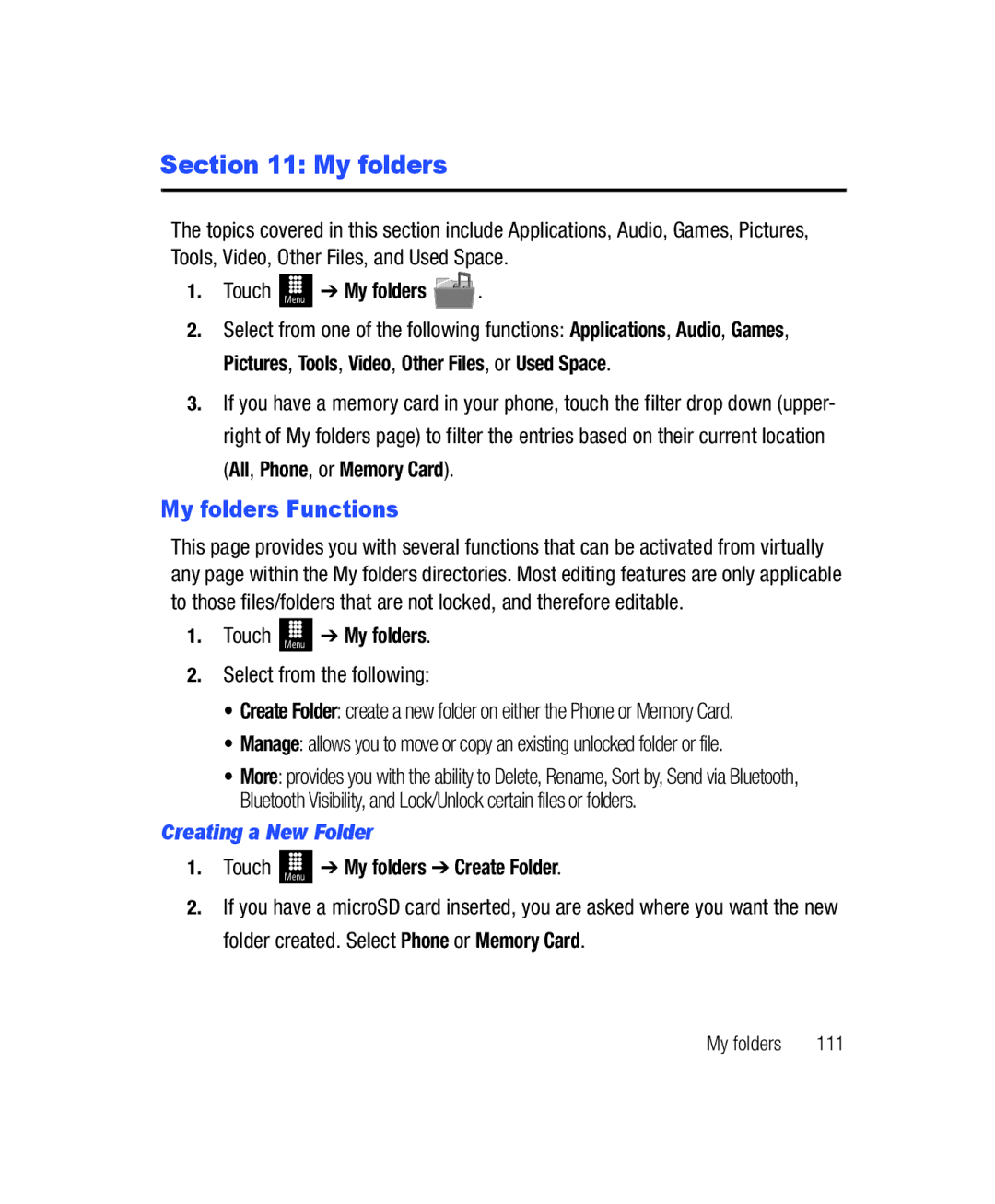 Samsung SGH-T528G user manual My folders Functions, Creating a New Folder 