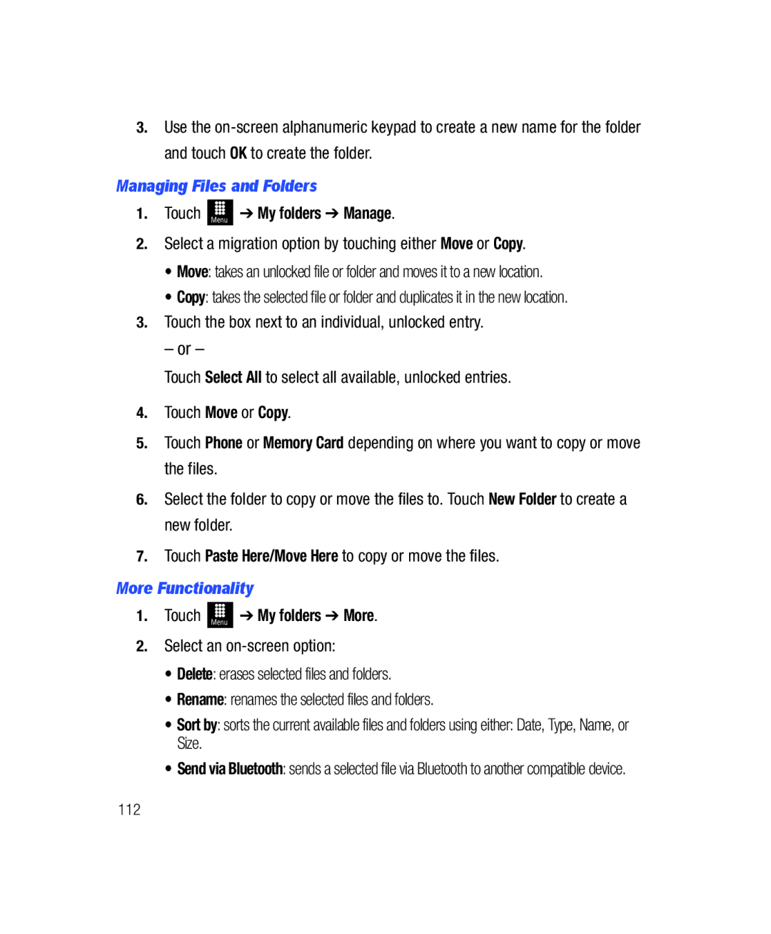 Samsung SGH-T528G Managing Files and Folders, Touch Menu My folders Manage, More Functionality, Touch Menu My folders More 