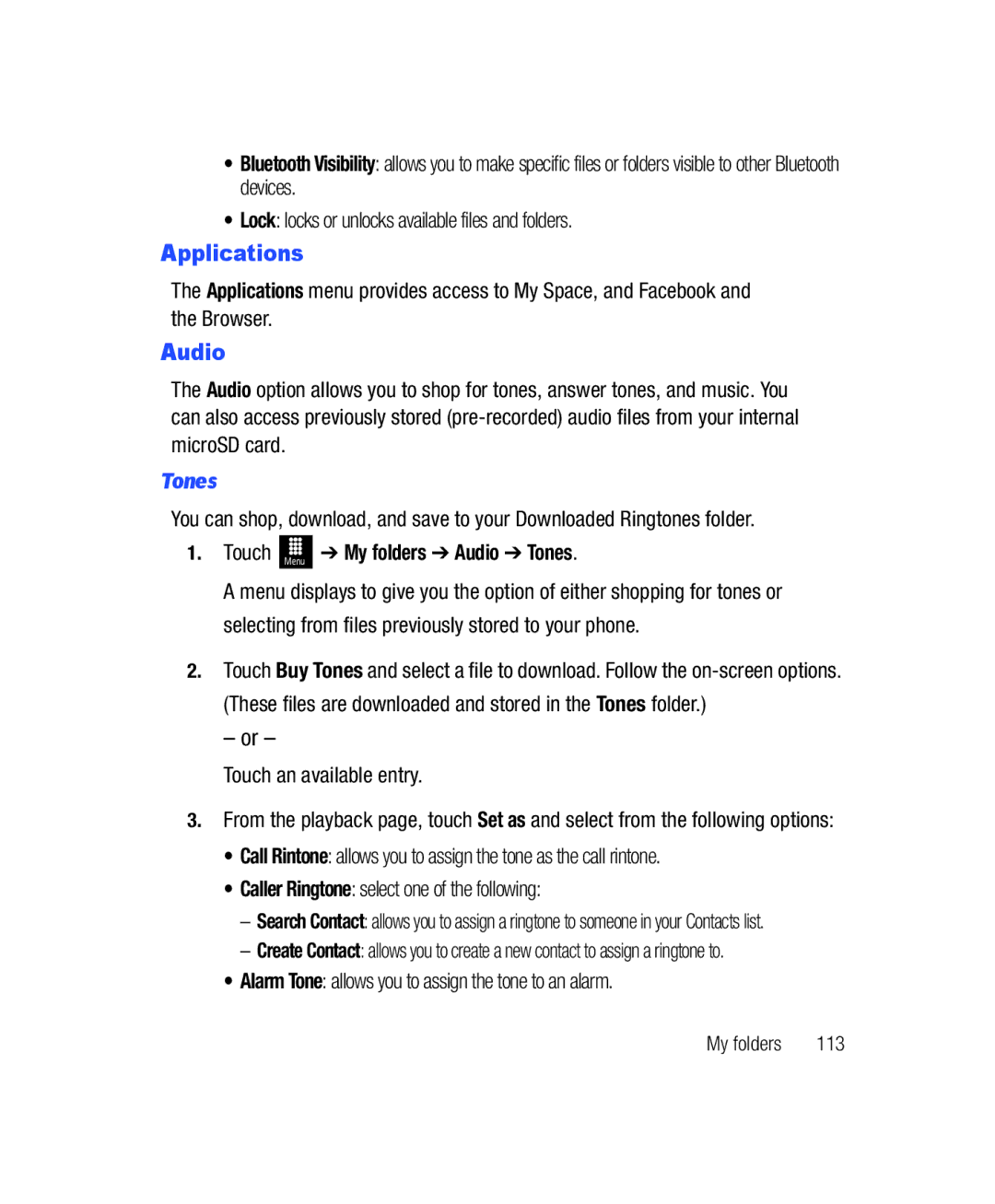 Samsung SGH-T528G user manual Applications, Touch Menu My folders Audio Tones 