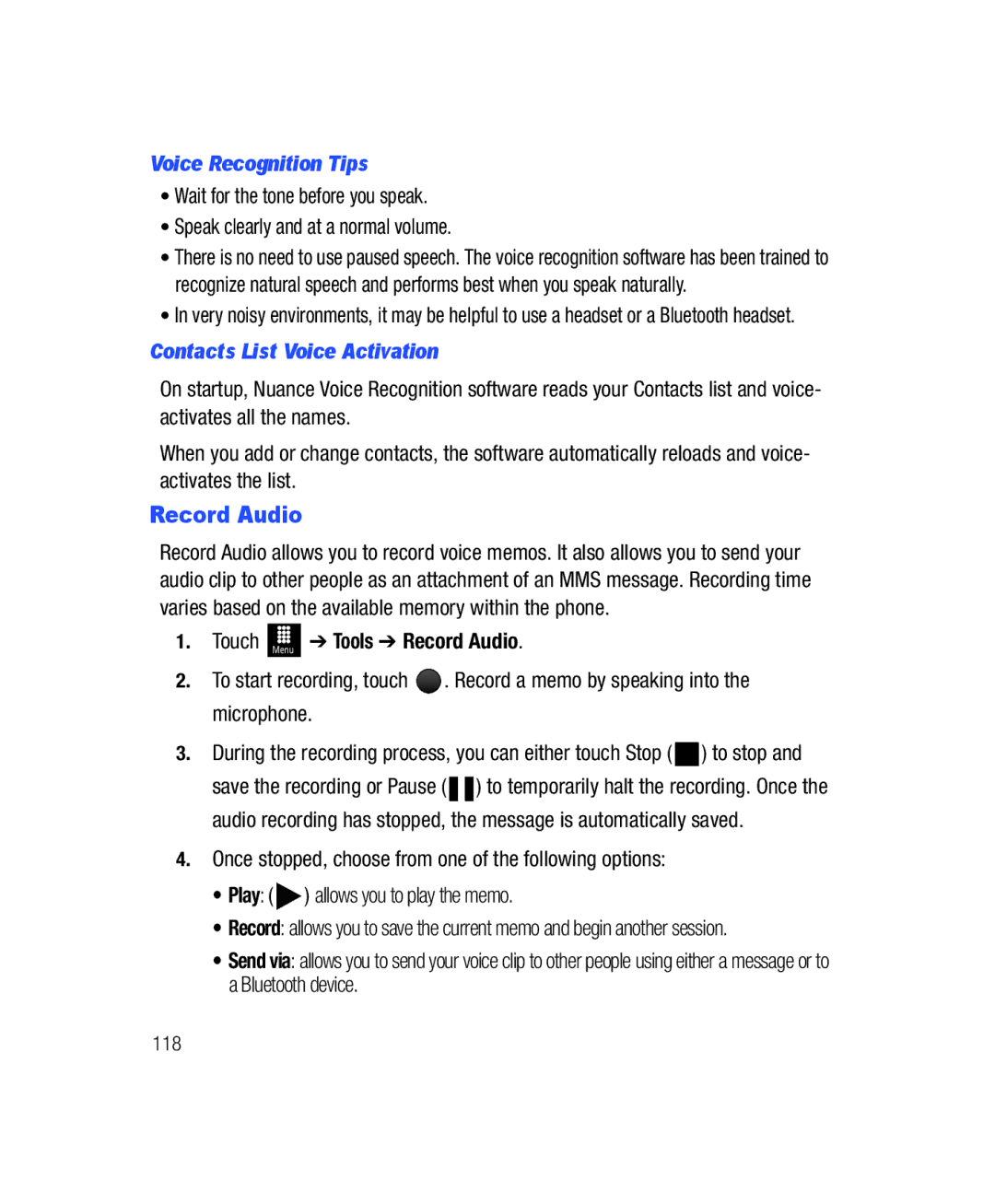 Samsung SGH-T528G user manual Record Audio, Voice Recognition Tips, Contacts List Voice Activation 
