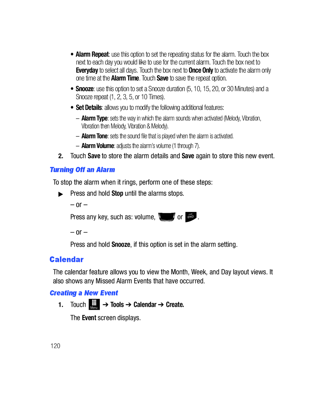 Samsung SGH-T528G user manual Turning Off an Alarm, Creating a New Event, Tools Calendar Create 