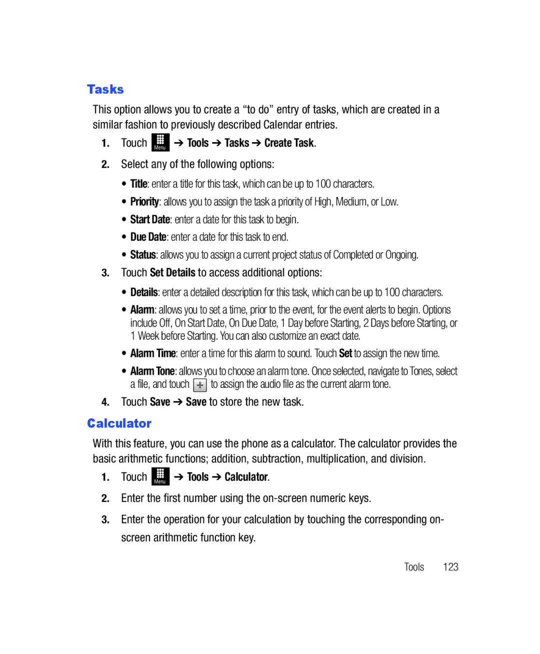 Samsung SGH-T528G user manual Touch Menu Tools Tasks Create Task, Tools Calculator 