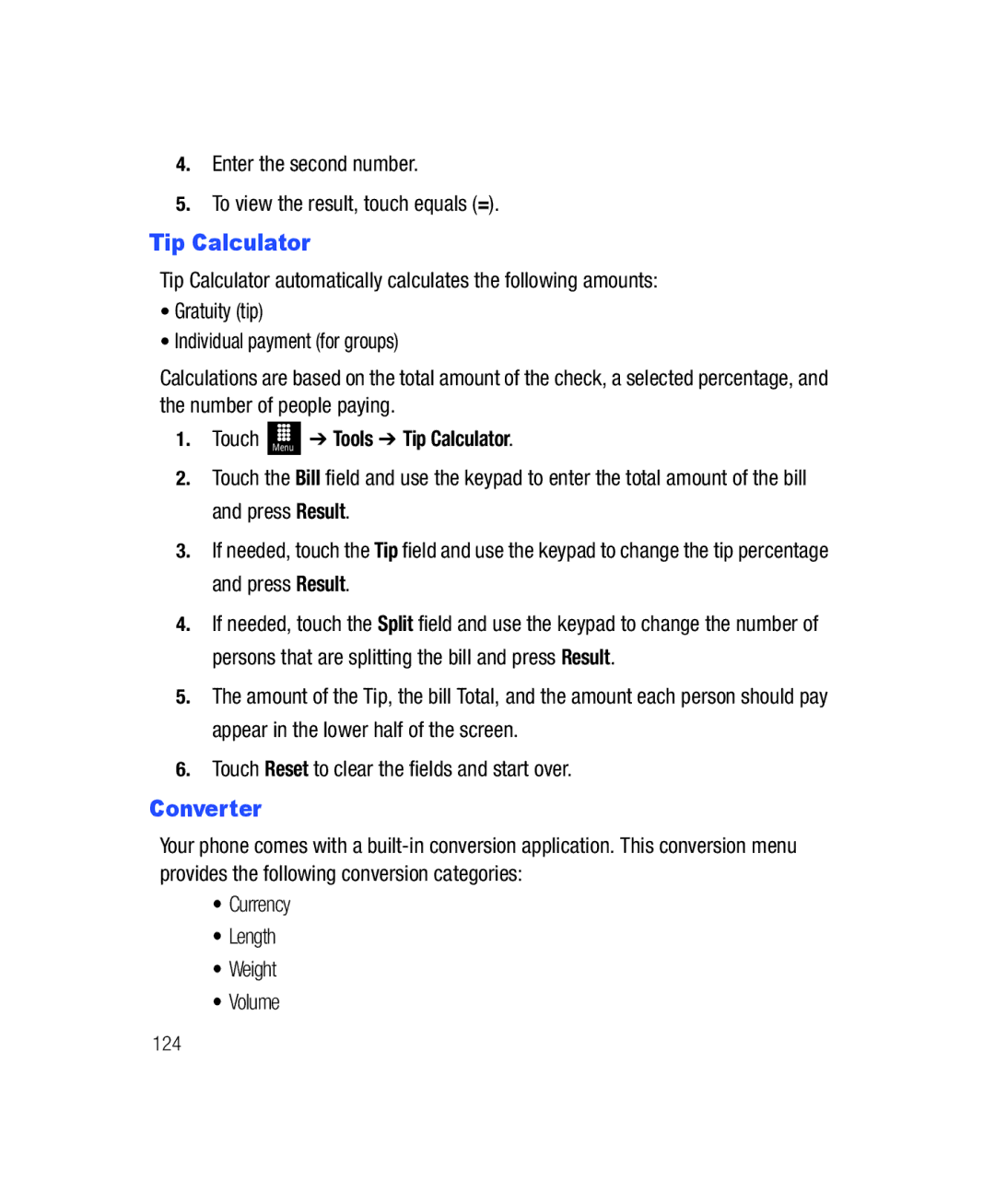 Samsung SGH-T528G user manual Tip Calculator, Converter, Enter the second number To view the result, touch equals = 