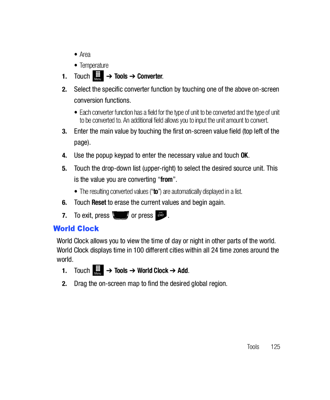 Samsung SGH-T528G user manual Touch Menu Tools Converter, Tools World Clock Add 