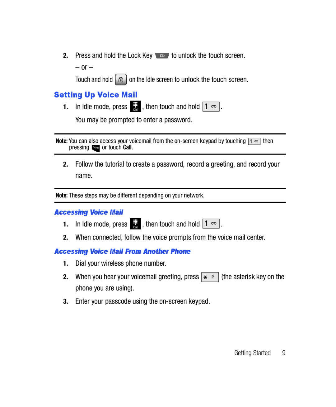 Samsung SGH-T528G Setting Up Voice Mail, Press and hold the Lock Key to unlock the touch screen, Accessing Voice Mail 