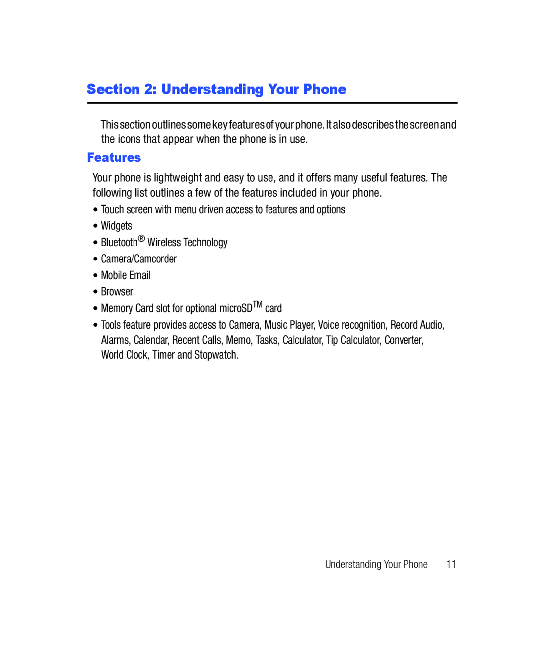 Samsung SGH-T528G user manual Understanding Your Phone, Features 