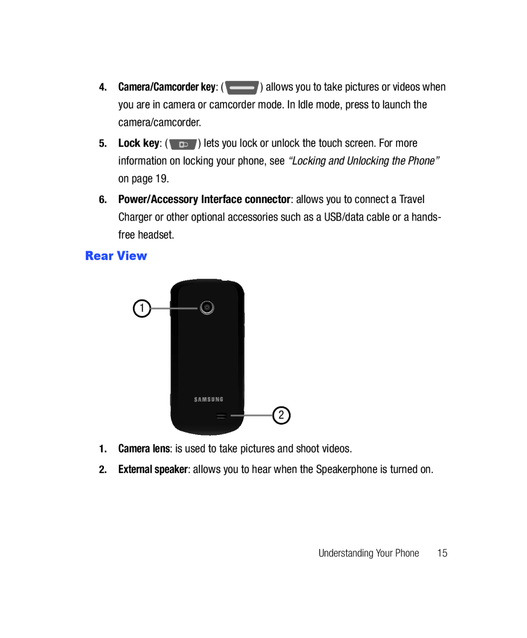 Samsung SGH-T528G user manual Rear View, Camera lens is used to take pictures and shoot videos 