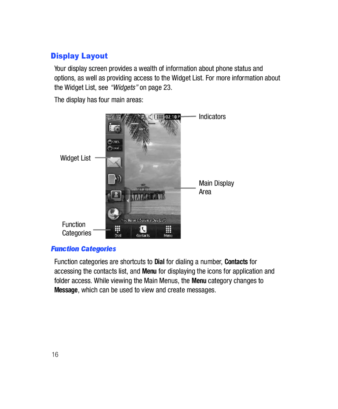 Samsung SGH-T528G user manual Display Layout, Function Categories 