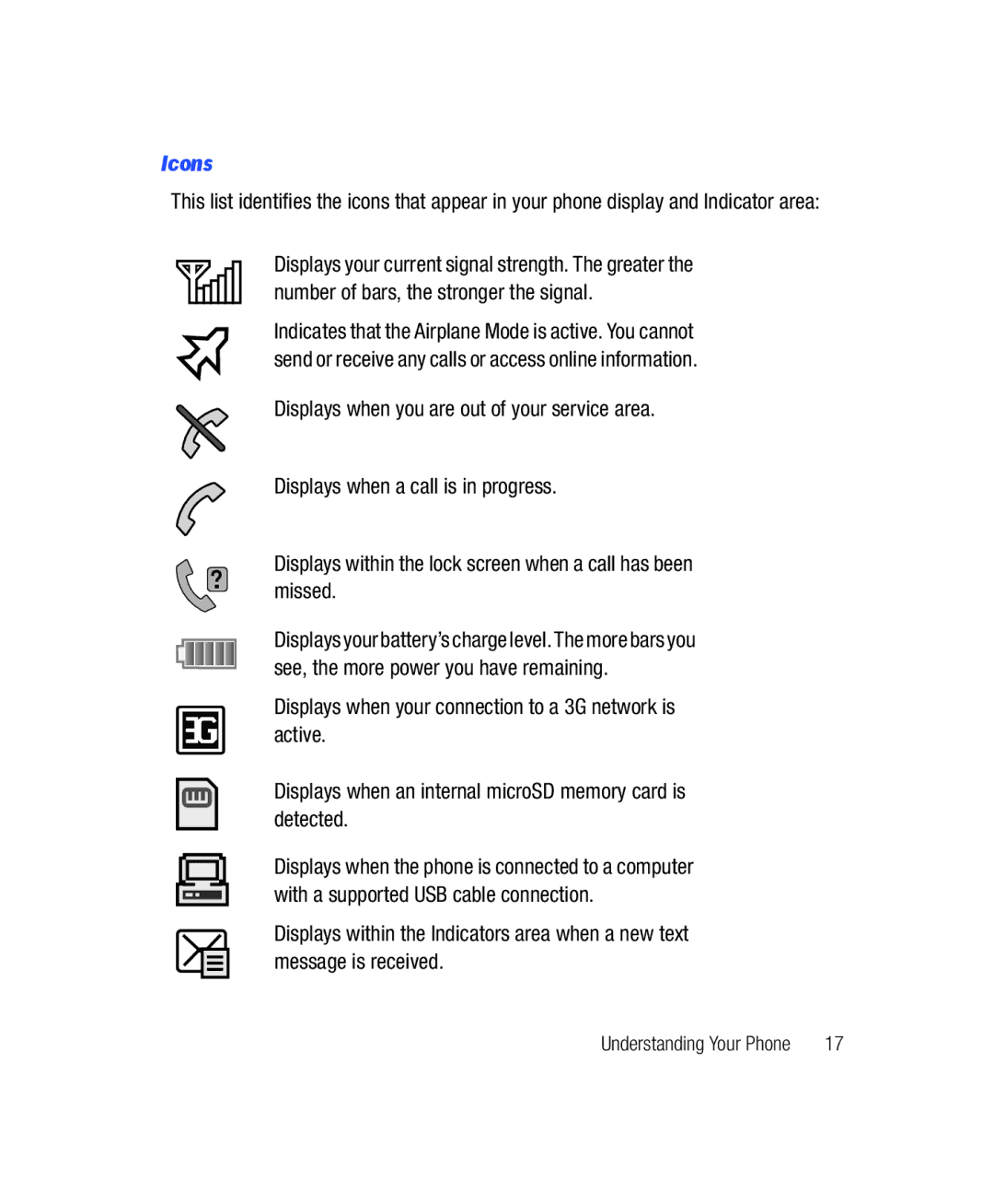 Samsung SGH-T528G user manual Icons 