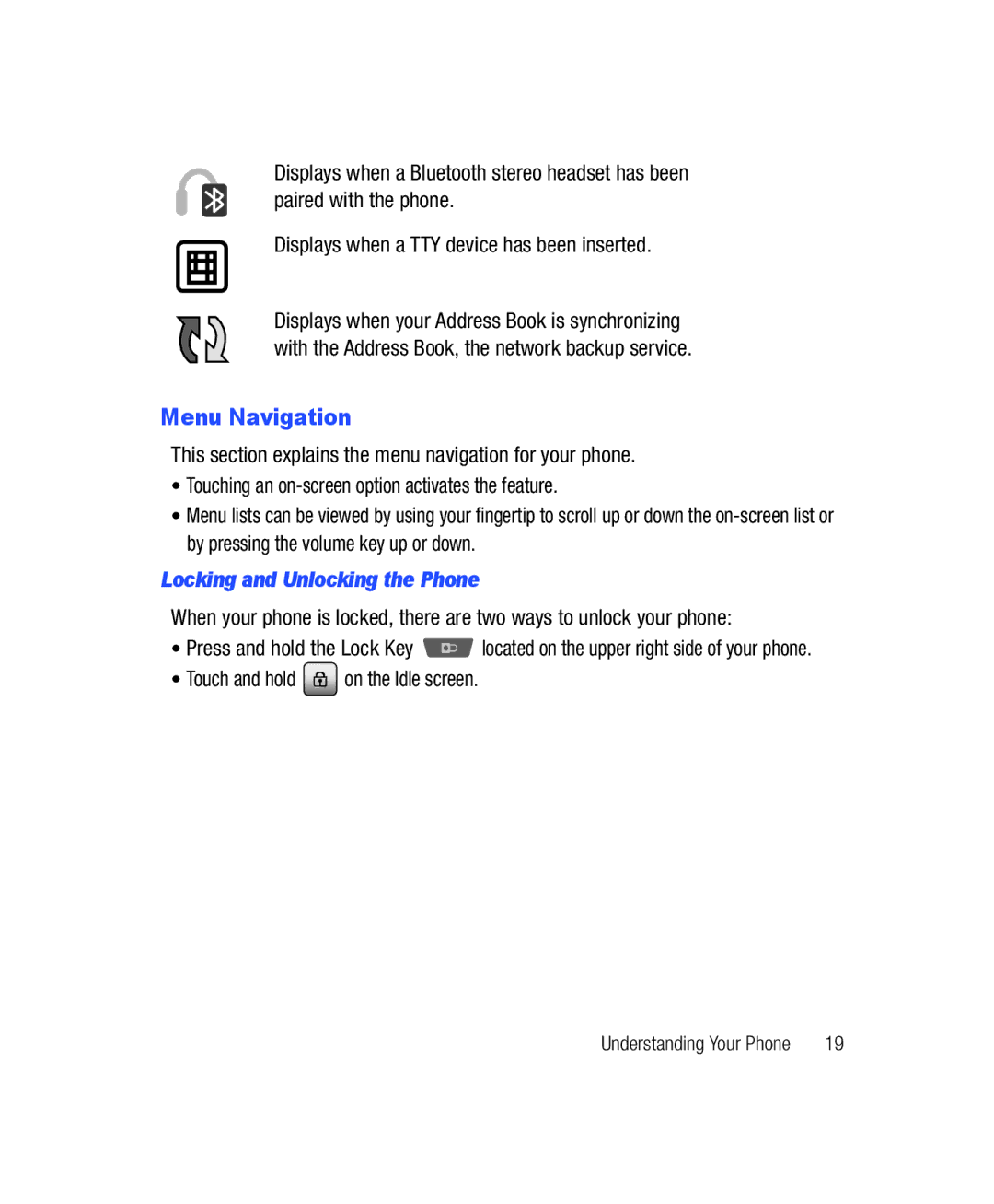 Samsung SGH-T528G user manual Menu Navigation, Locking and Unlocking the Phone, Touch and hold on the Idle screen 