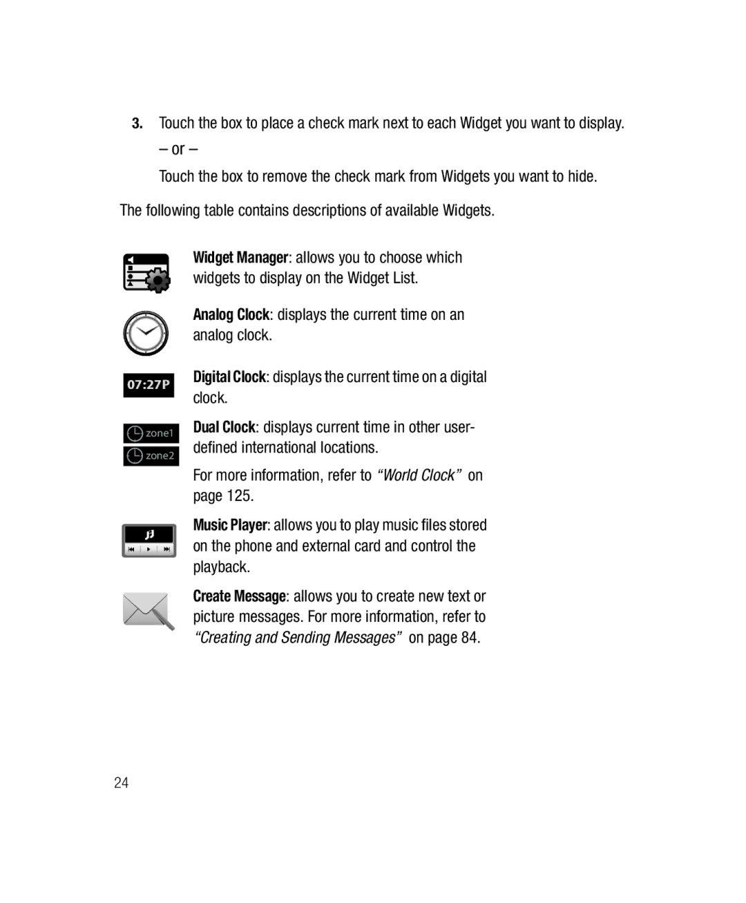 Samsung SGH-T528G user manual Following table contains descriptions of available Widgets, 0727P 