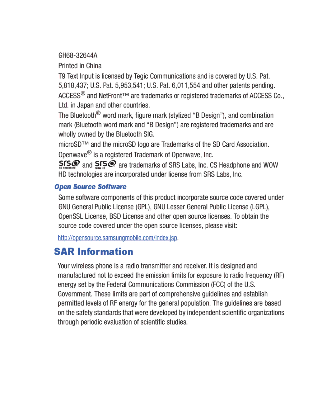 Samsung SGH-T528G user manual GH68-32644A, Open Source Software 