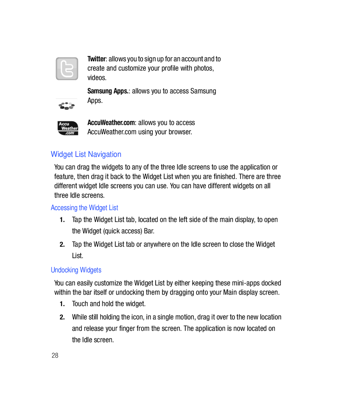 Samsung SGH-T528G user manual Widget List Navigation, Accessing the Widget List, Undocking Widgets 