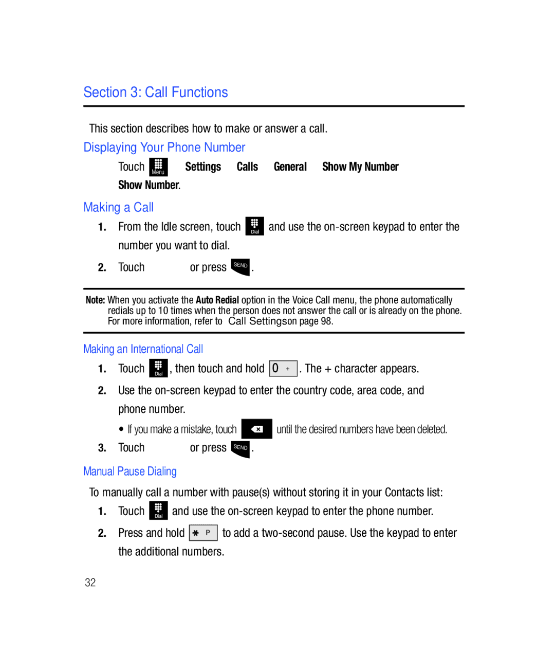 Samsung SGH-T528G user manual Call Functions, Displaying Your Phone Number, Making a Call, Making an International Call 