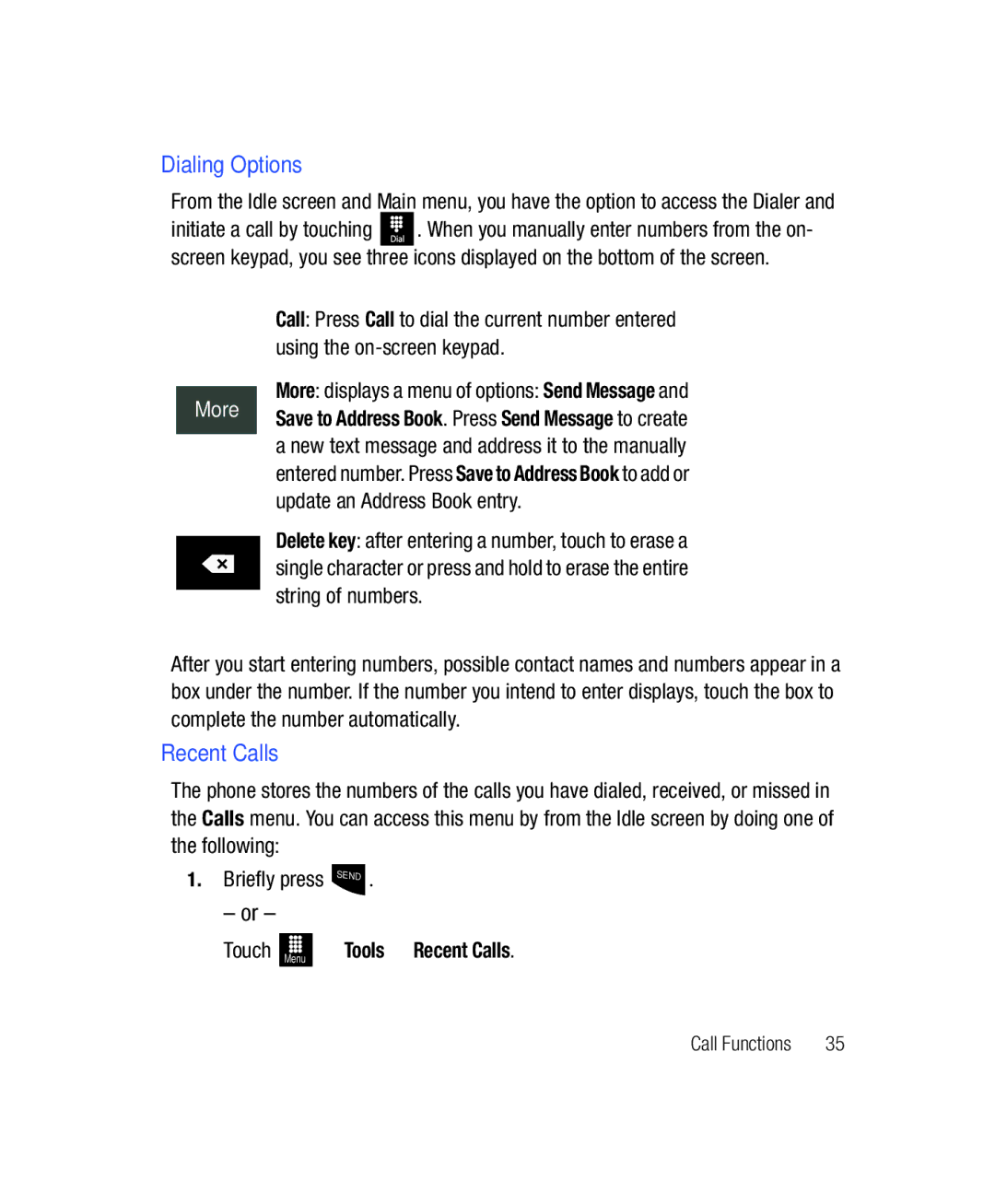 Samsung SGH-T528G user manual Dialing Options, Touch Menu Tools Recent Calls 