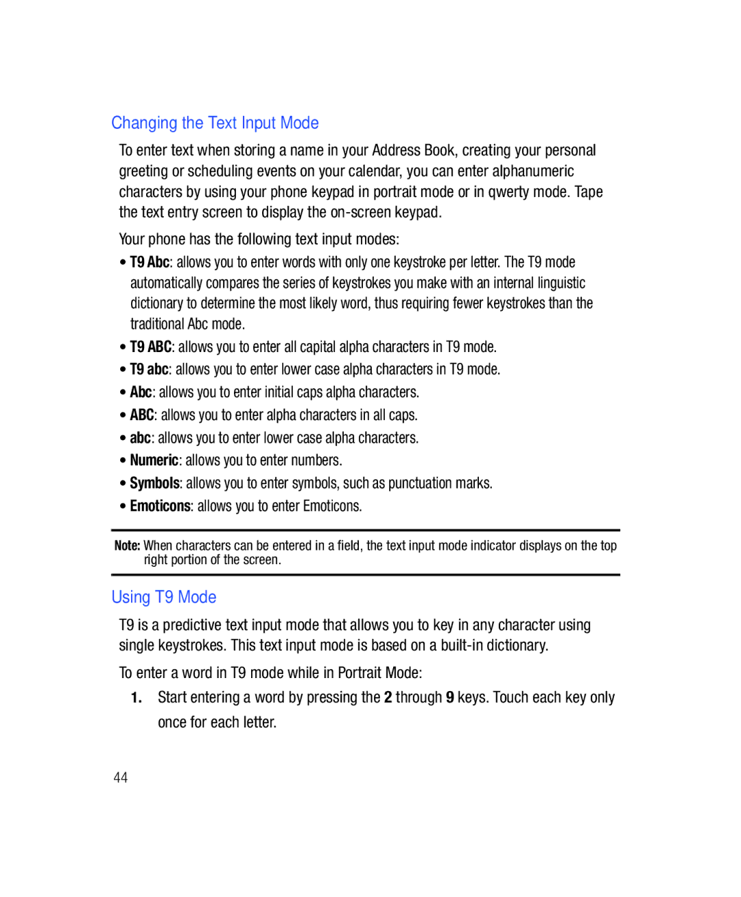 Samsung SGH-T528G user manual Changing the Text Input Mode, Using T9 Mode, Your phone has the following text input modes 