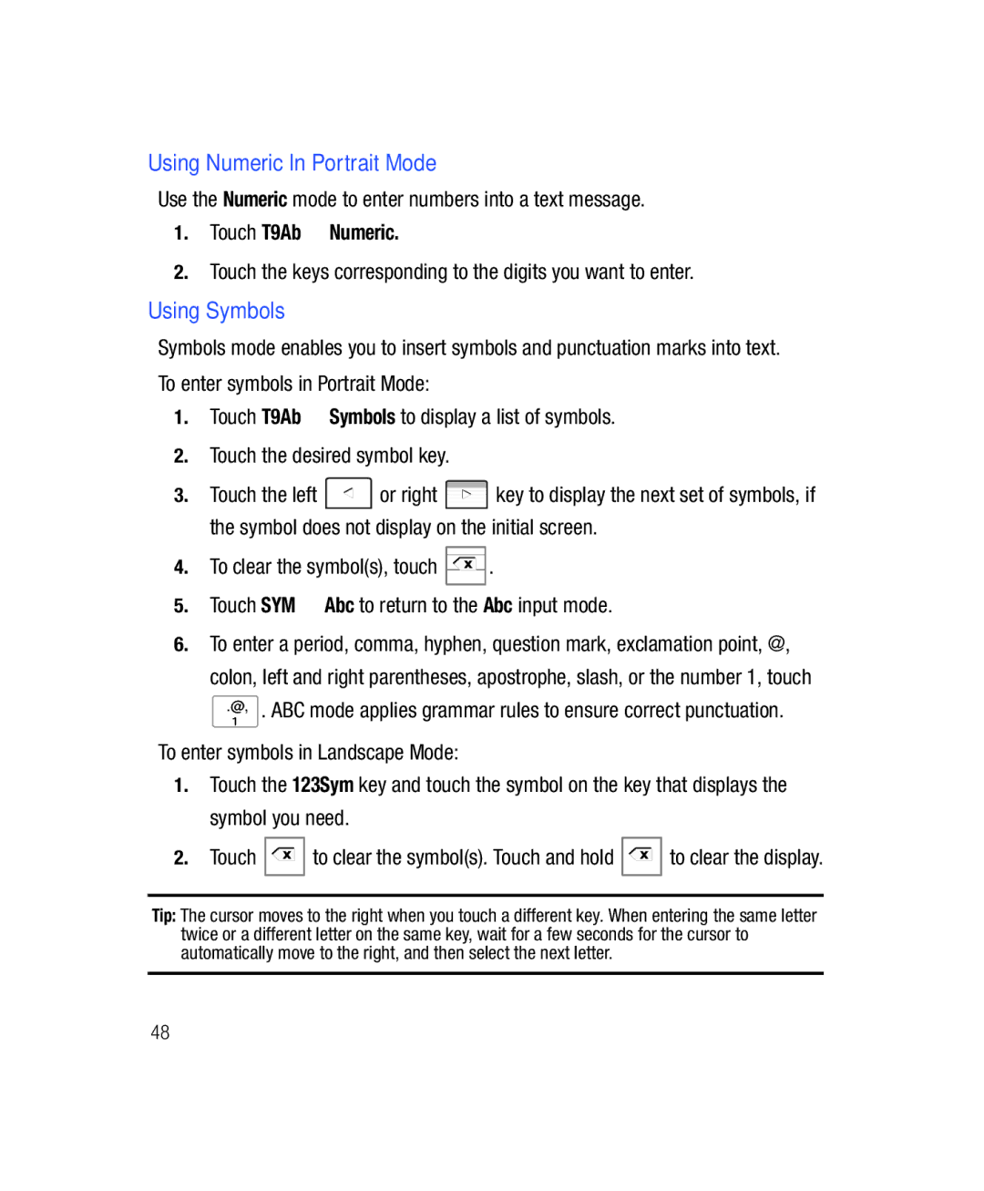 Samsung SGH-T528G Using Numeric In Portrait Mode, Using Symbols, Use the Numeric mode to enter numbers into a text message 