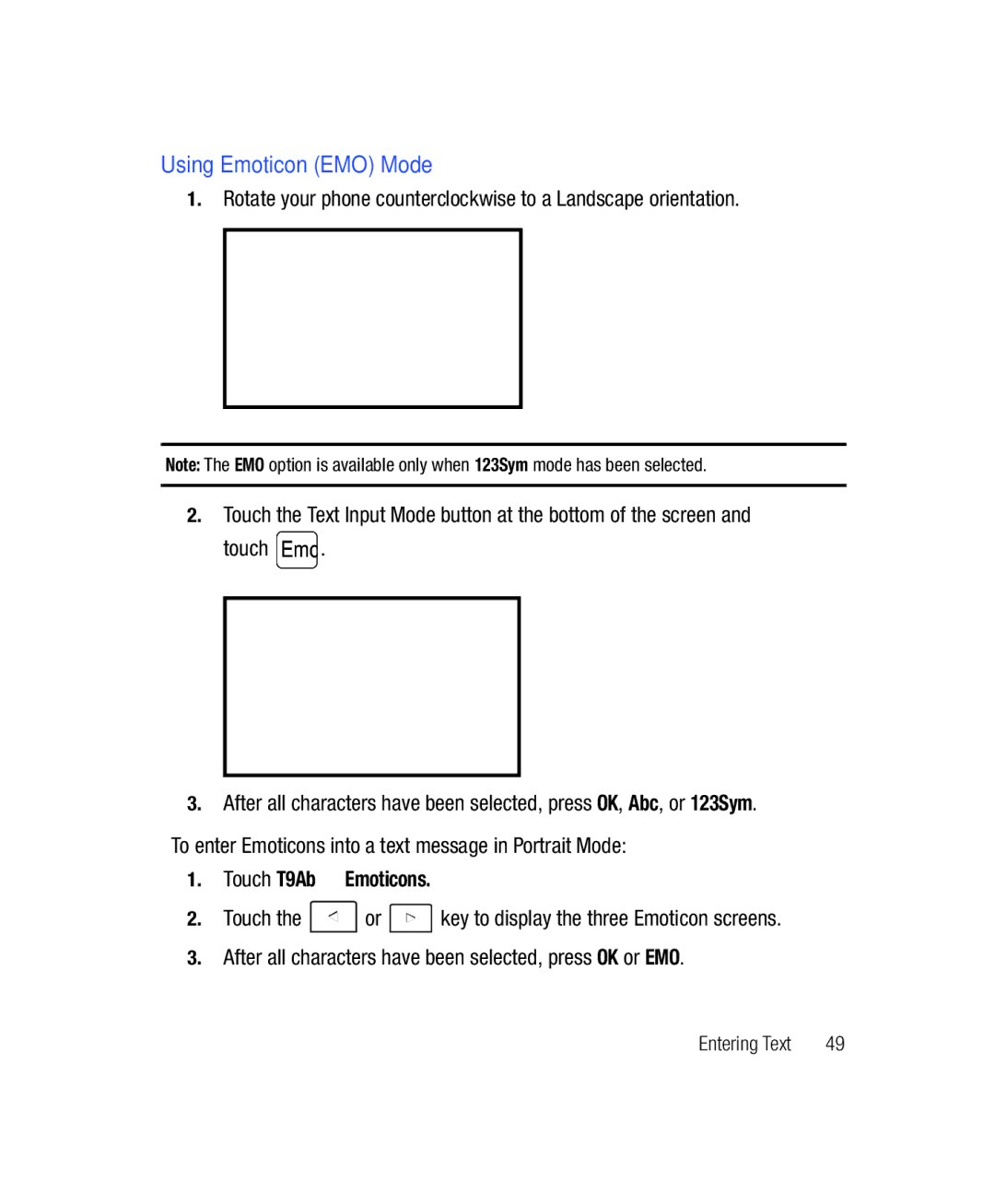 Samsung SGH-T528G Using Emoticon EMO Mode, To enter Emoticons into a text message in Portrait Mode, Touch T9Ab Emoticons 