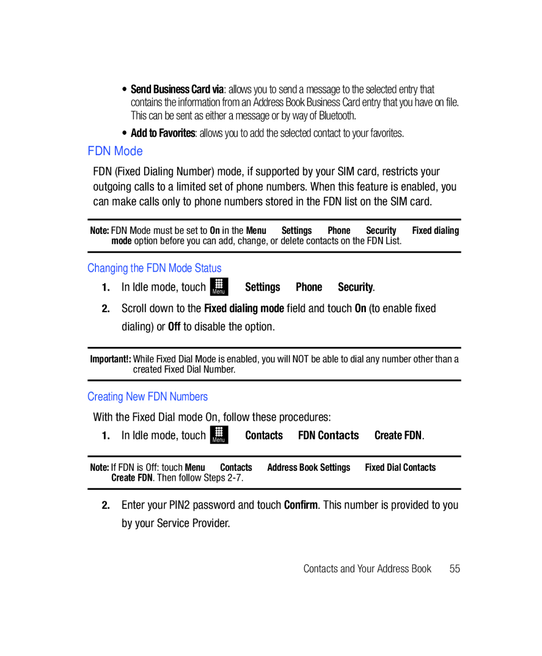 Samsung SGH-T528G user manual Changing the FDN Mode Status, Idle mode, touch Menu Settings Phone Security 