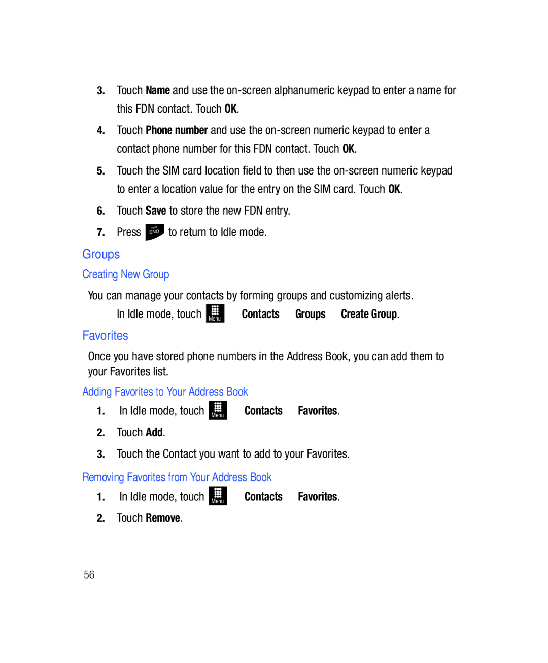 Samsung SGH-T528G user manual Groups, Creating New Group, Adding Favorites to Your Address Book 