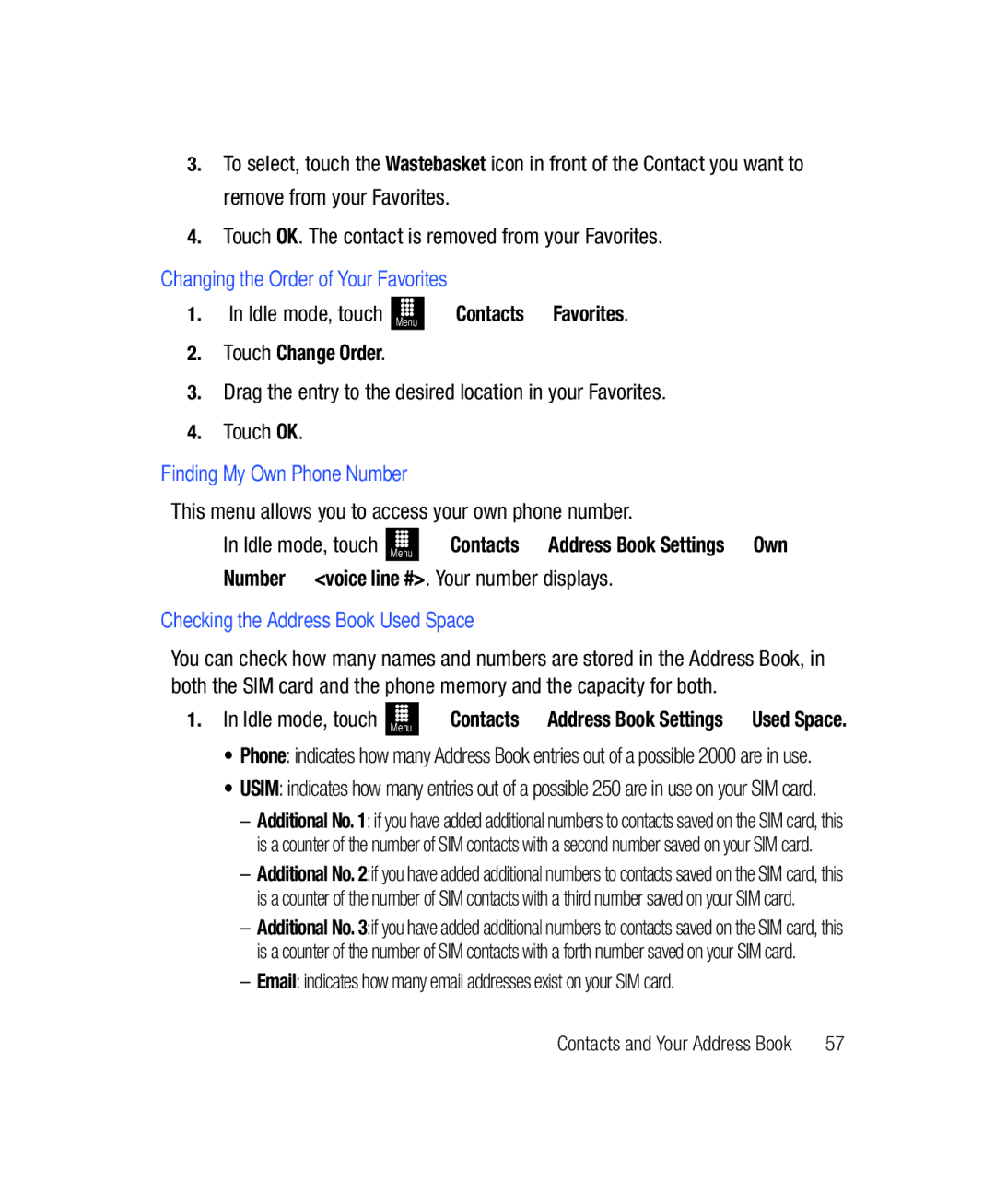 Samsung SGH-T528G Changing the Order of Your Favorites, Finding My Own Phone Number, Checking the Address Book Used Space 