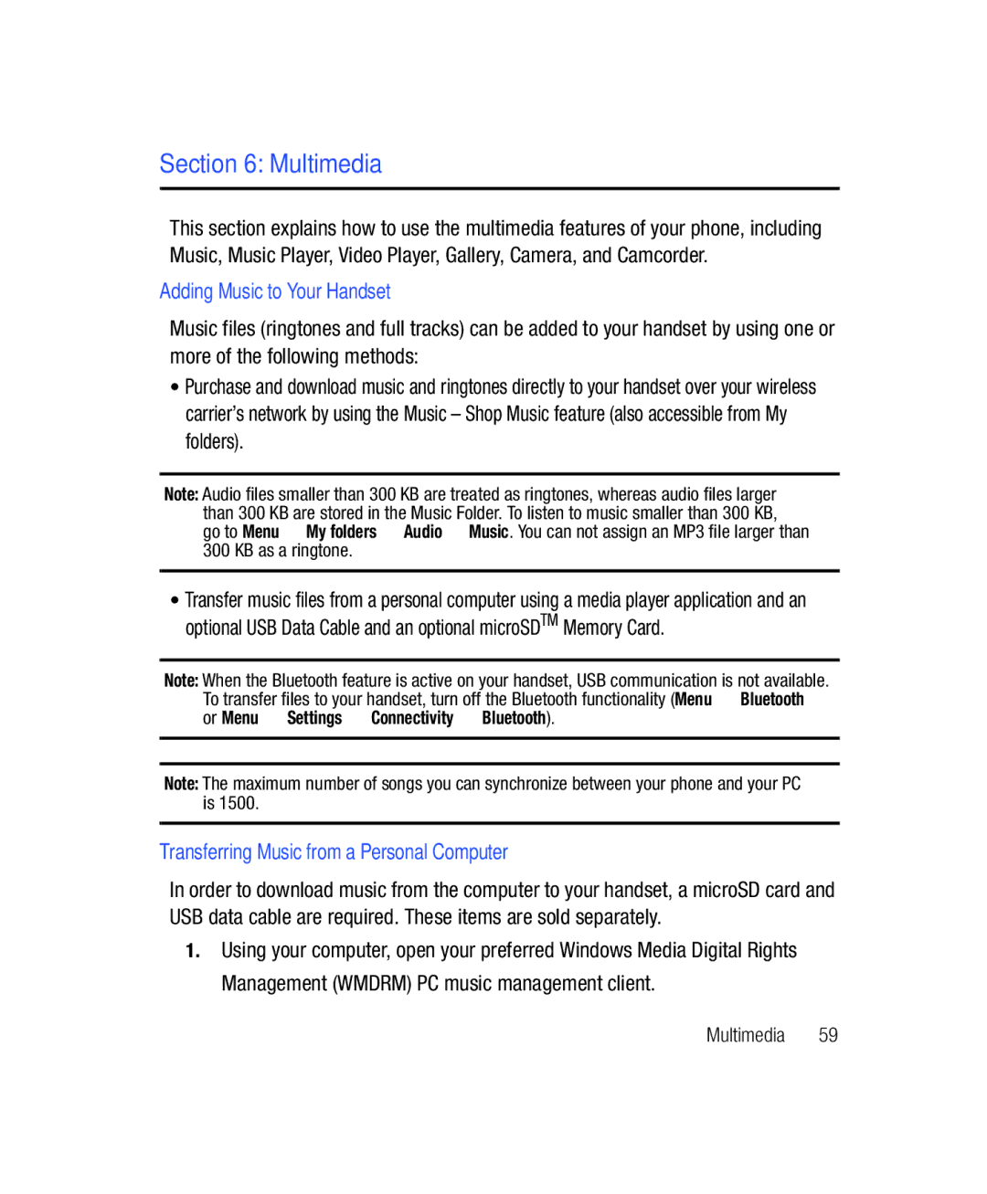 Samsung SGH-T528G user manual Multimedia, Adding Music to Your Handset, Transferring Music from a Personal Computer 