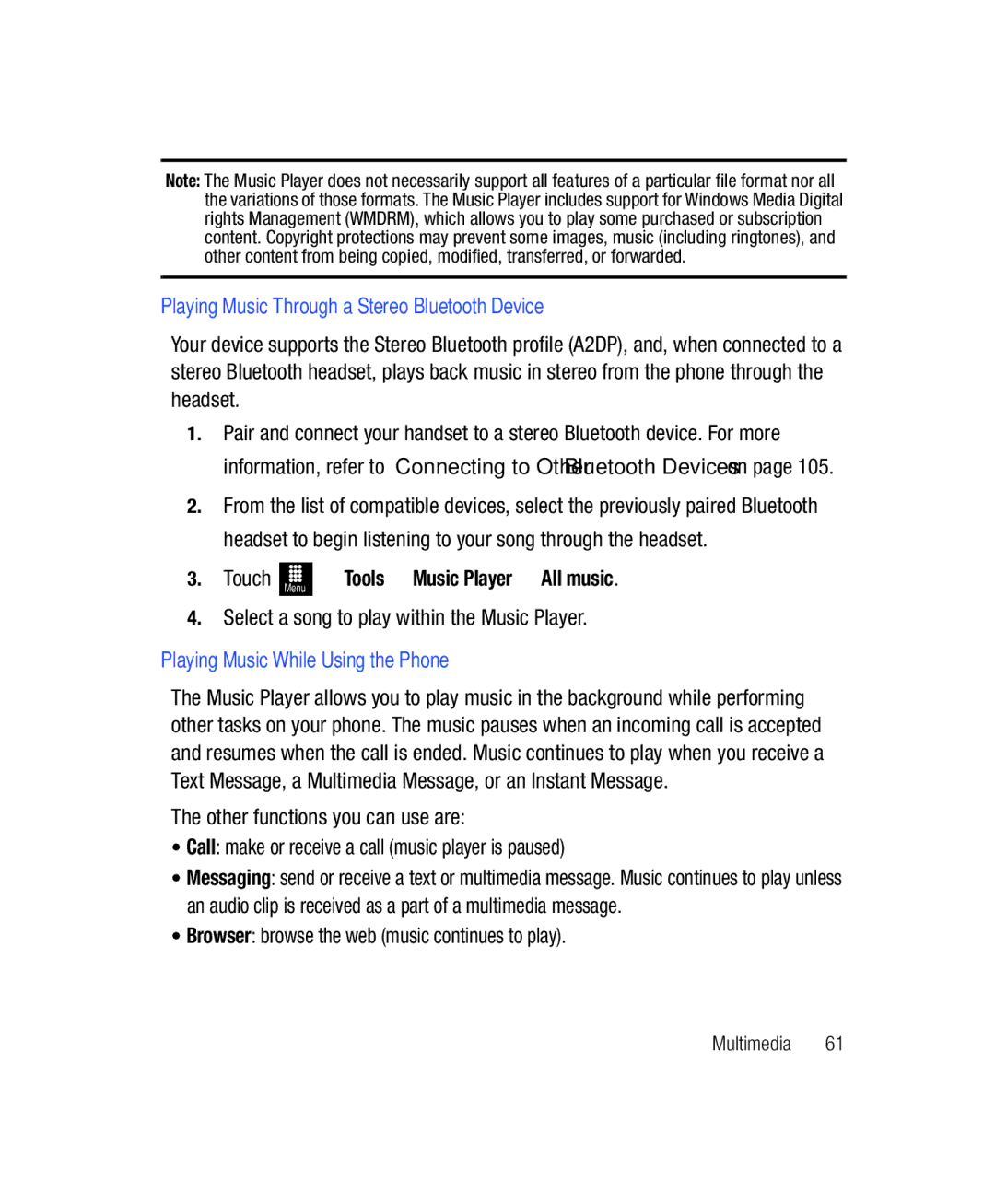 Samsung SGH-T528G user manual Playing Music Through a Stereo Bluetooth Device, Touch Menu Tools Music Player All music 