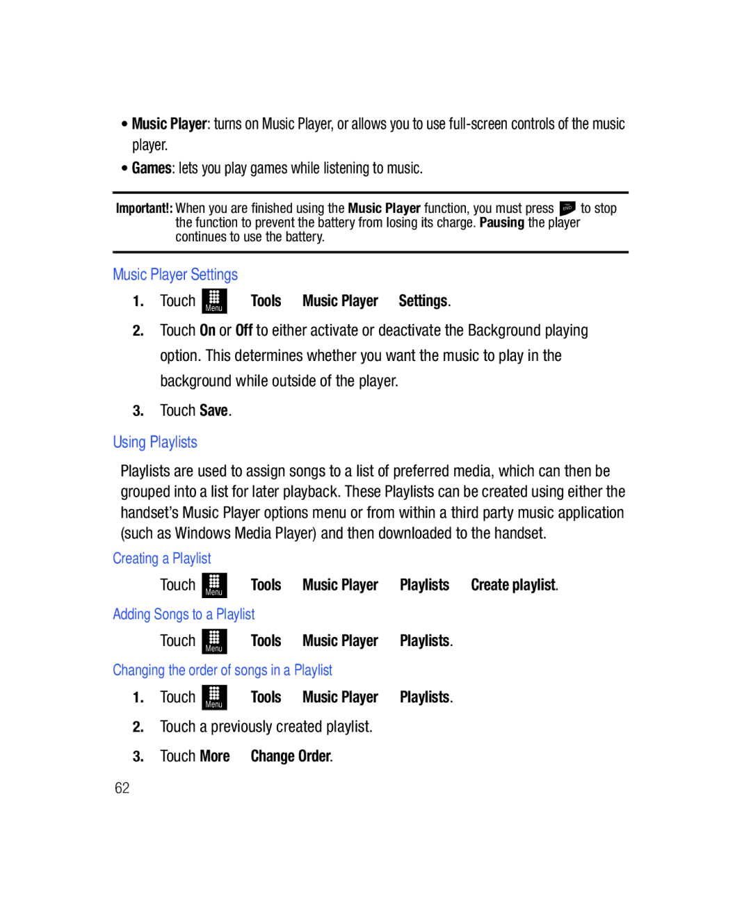 Samsung SGH-T528G Tools Music Player Settings, Using Playlists, Tools Music Player Playlists, Touch More Change Order 