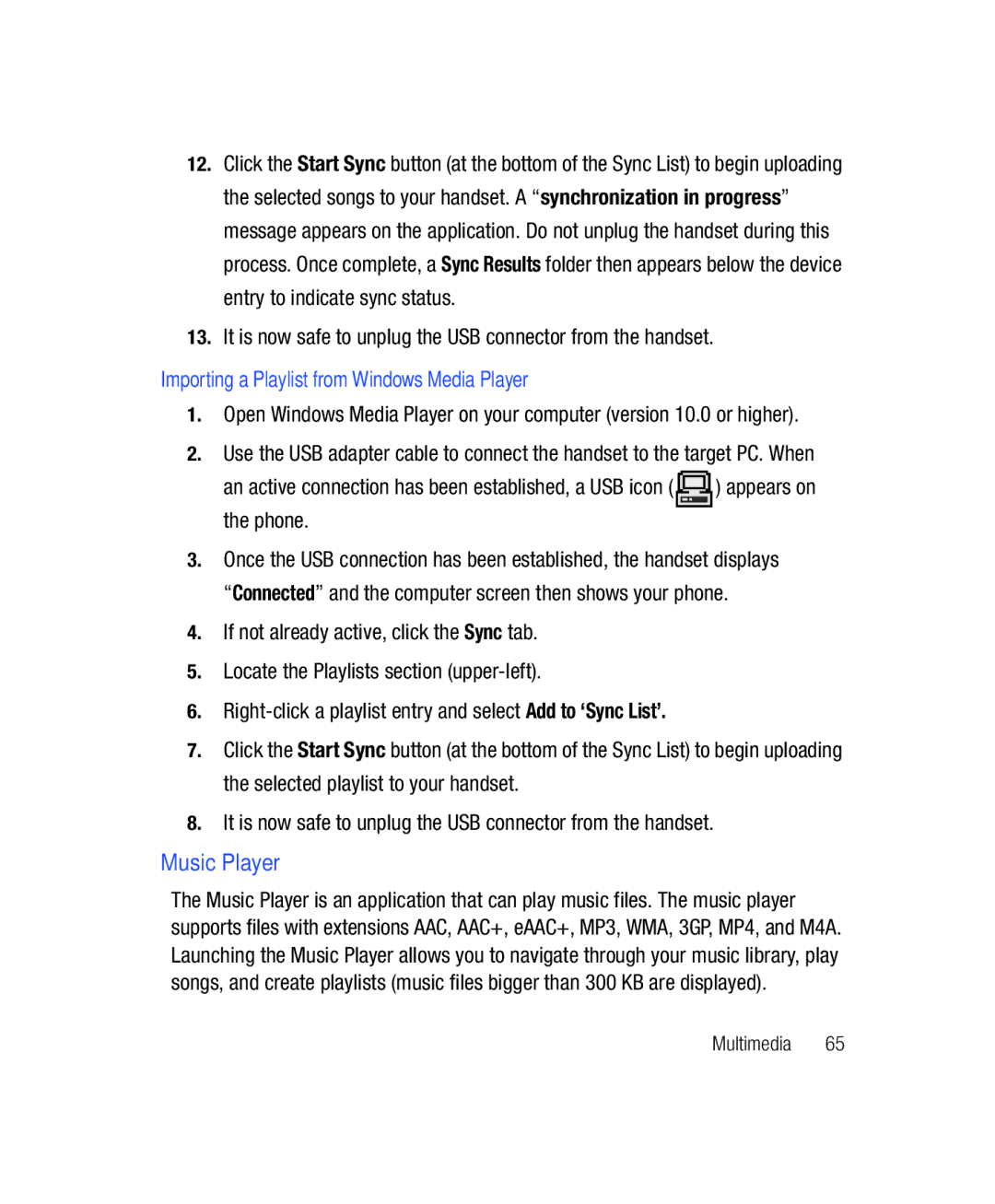 Samsung SGH-T528G user manual Music Player, It is now safe to unplug the USB connector from the handset, Phone Appears on 