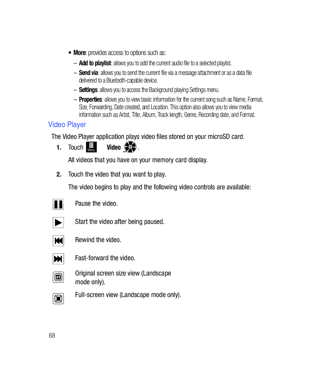 Samsung SGH-T528G user manual Video Player, More provides access to options such as 