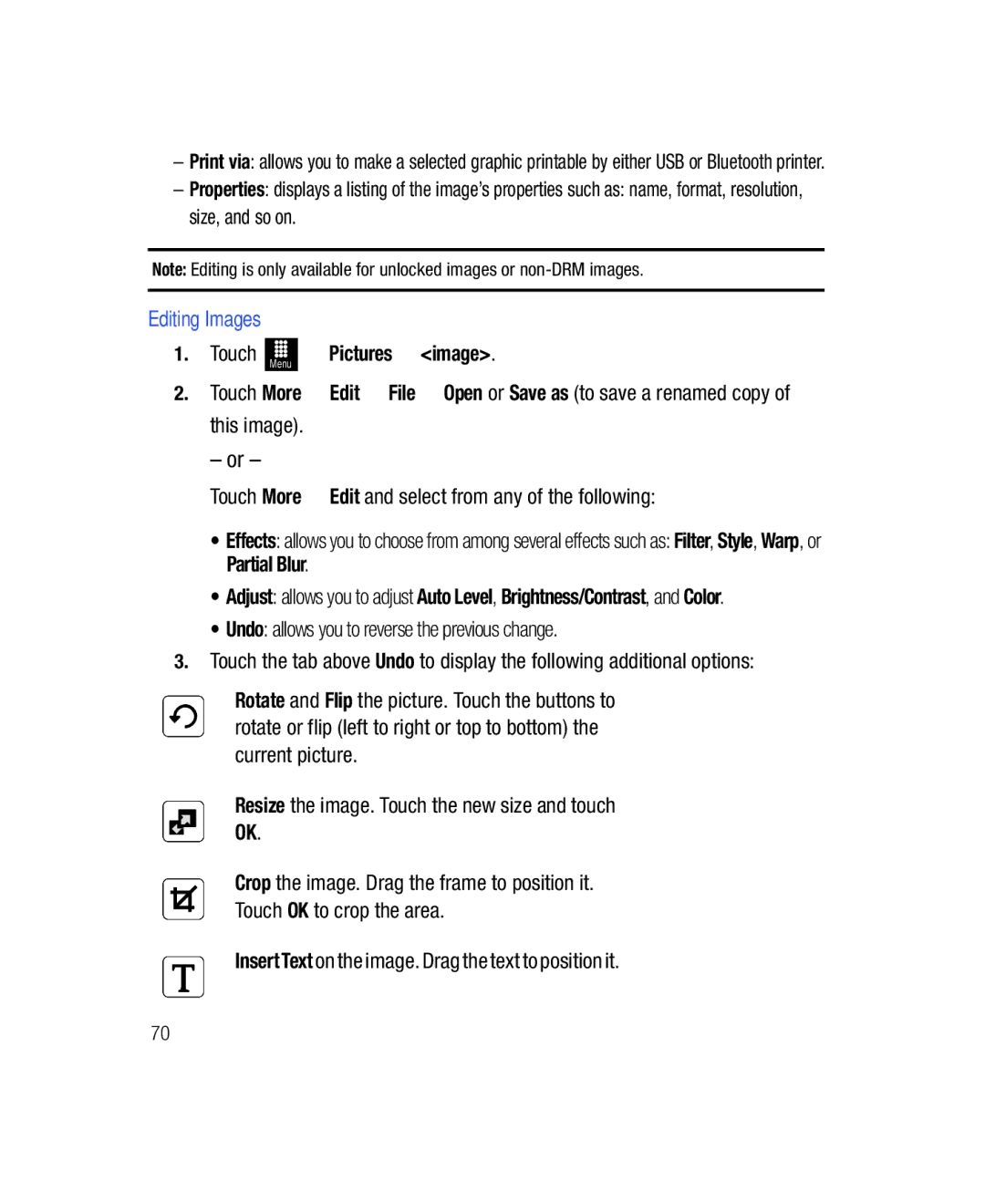 Samsung SGH-T528G user manual Editing Images, Touch More Edit and select from any of the following 