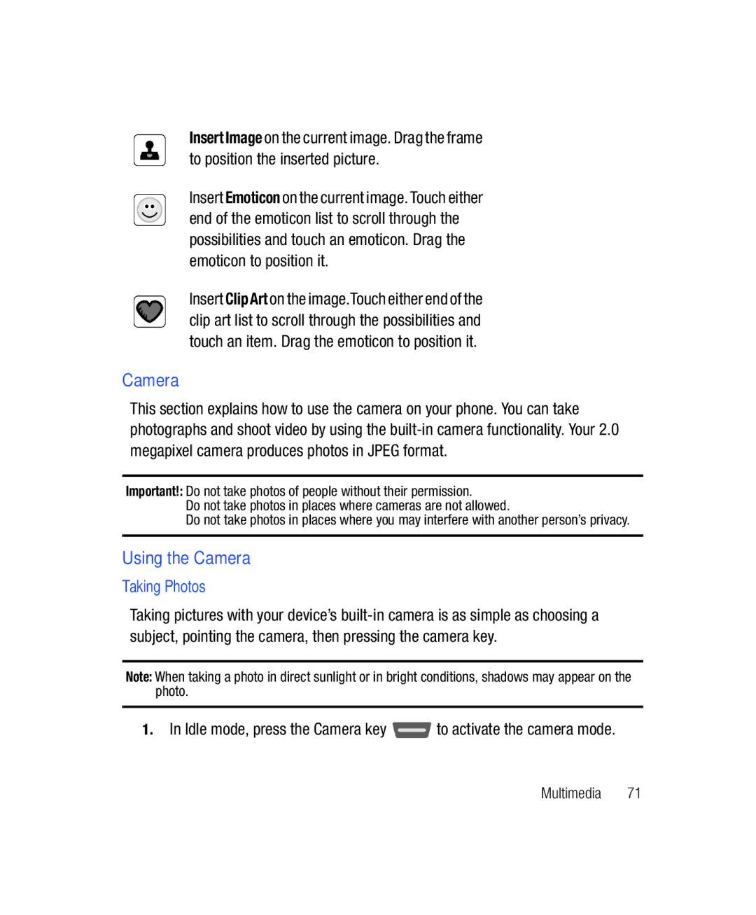 Samsung SGH-T528G user manual Using the Camera, Taking Photos 