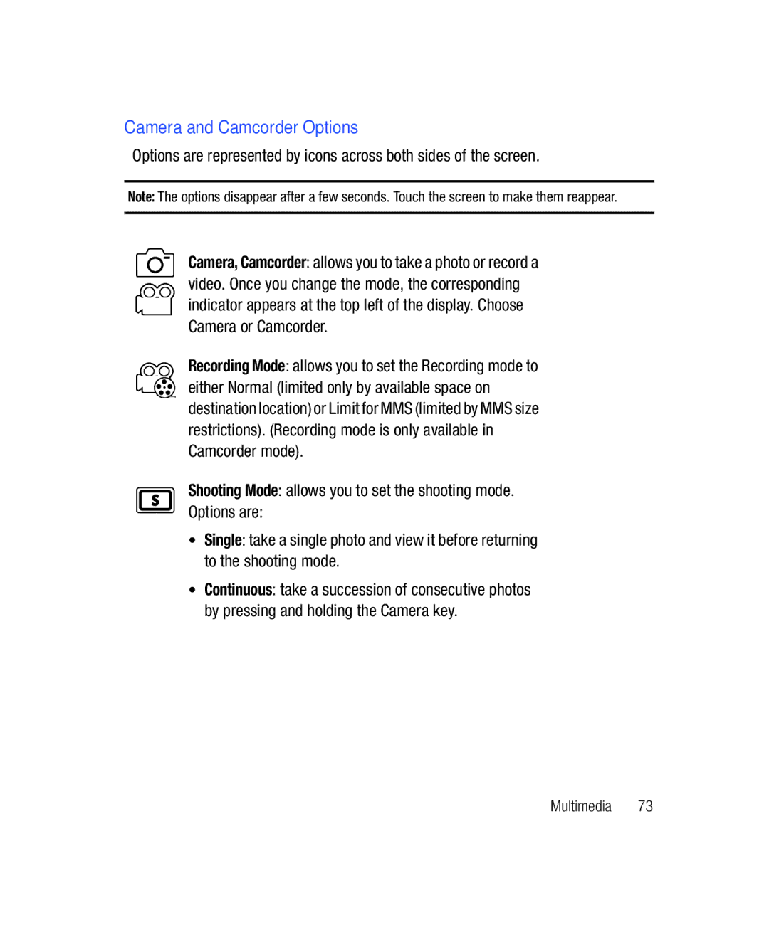 Samsung SGH-T528G user manual Camera and Camcorder Options 