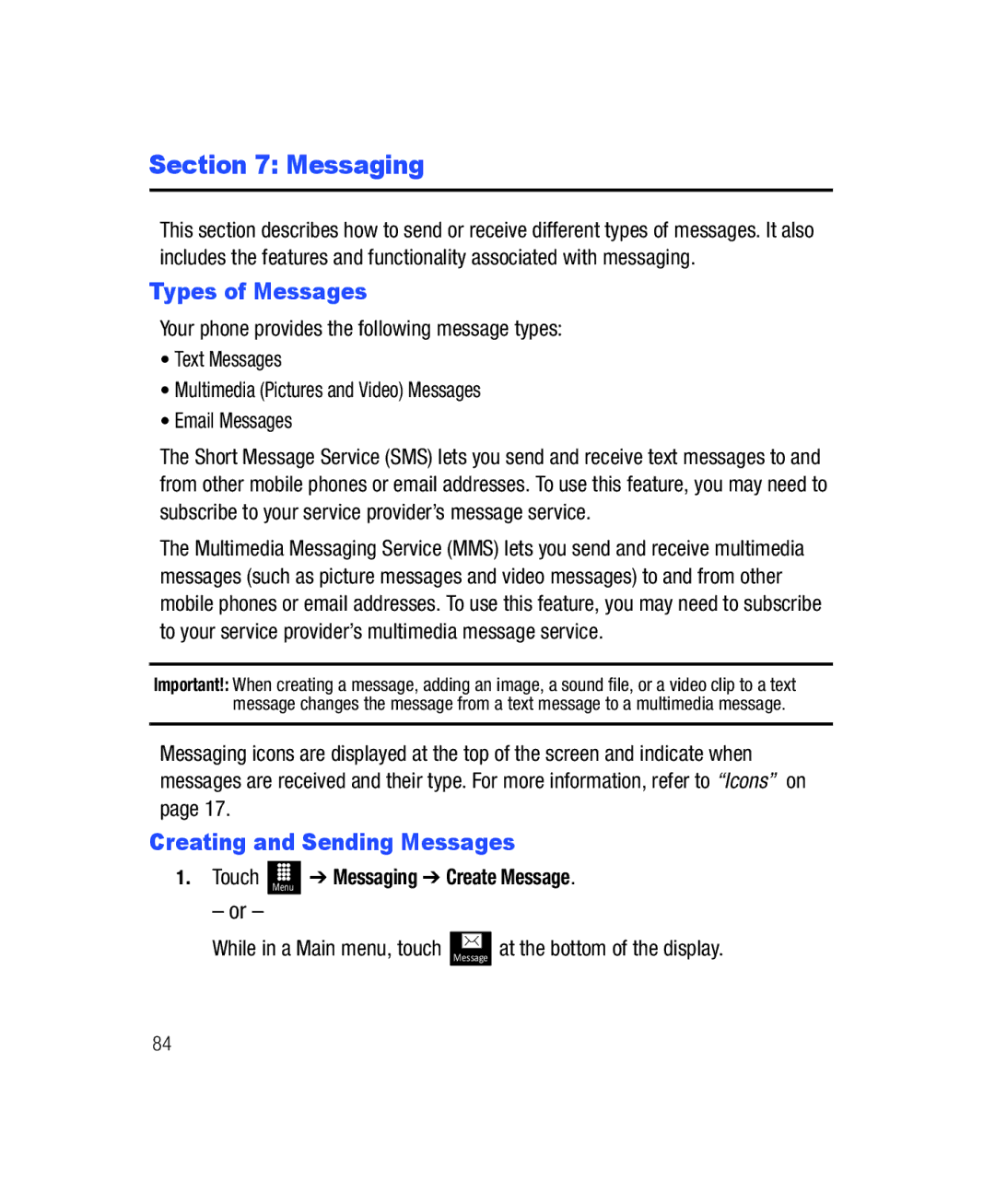 Samsung SGH-T528G user manual Types of Messages, Creating and Sending Messages, Messaging Create Message 