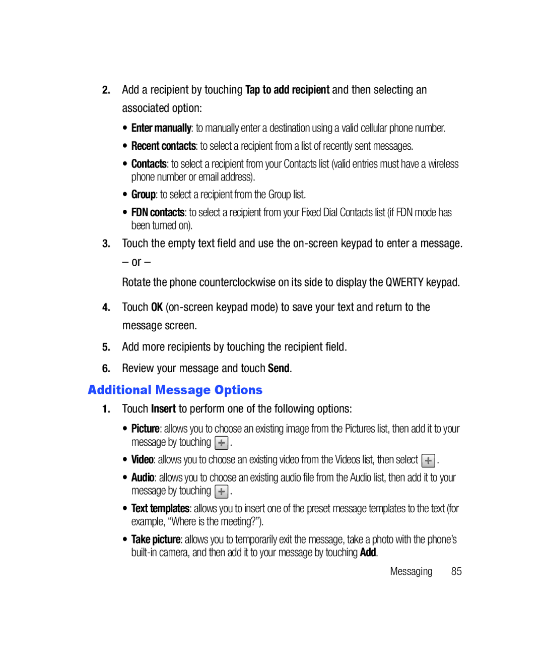 Samsung SGH-T528G user manual Additional Message Options, Messaging 