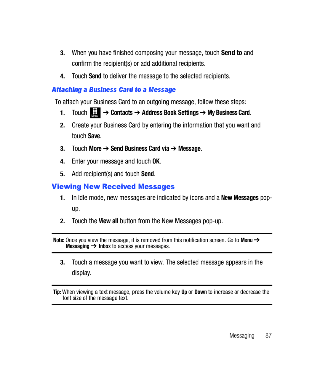 Samsung SGH-T528G user manual Viewing New Received Messages, Attaching a Business Card to a Message 