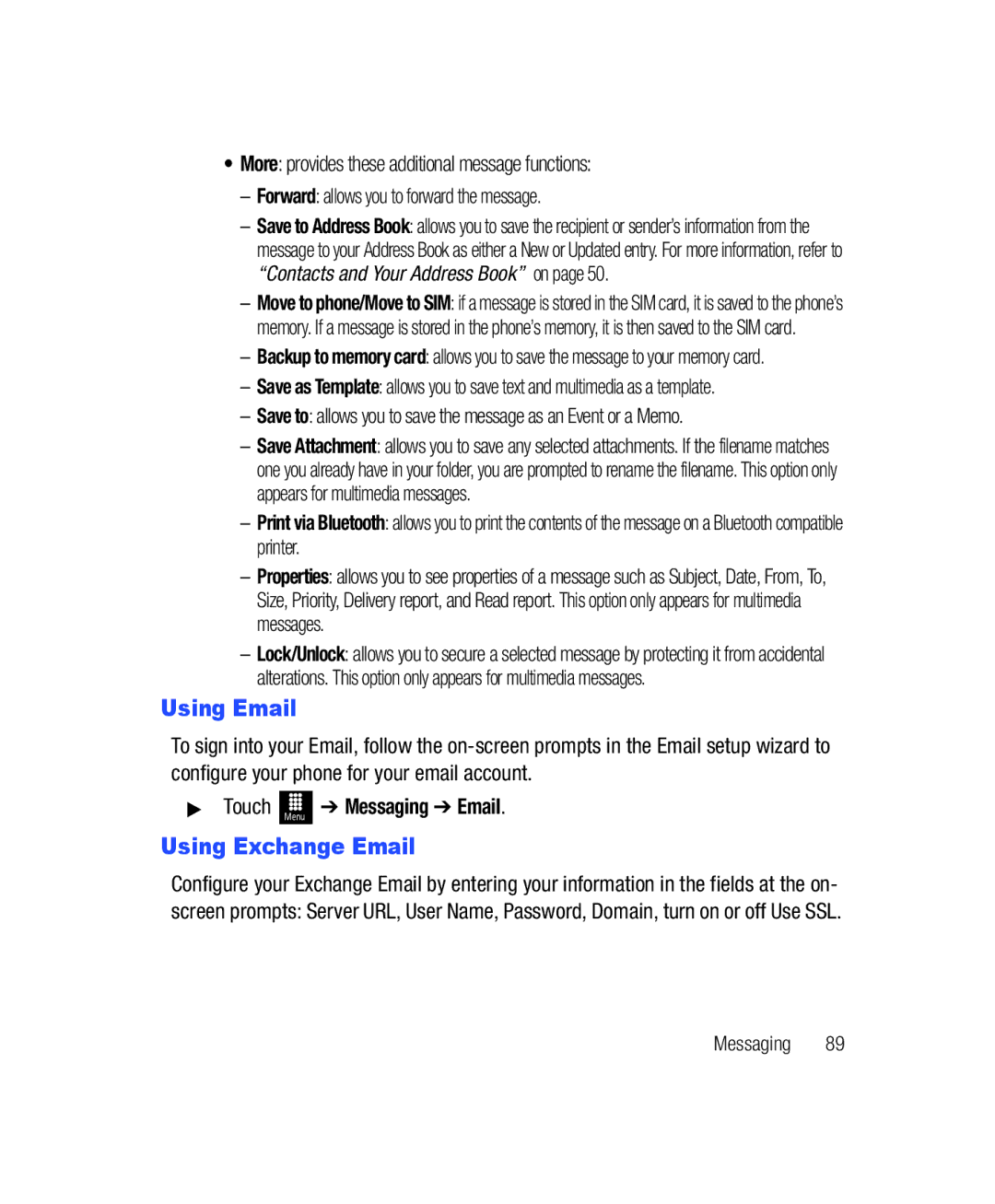 Samsung SGH-T528G user manual Using Email, Using Exchange Email, Messaging Email 