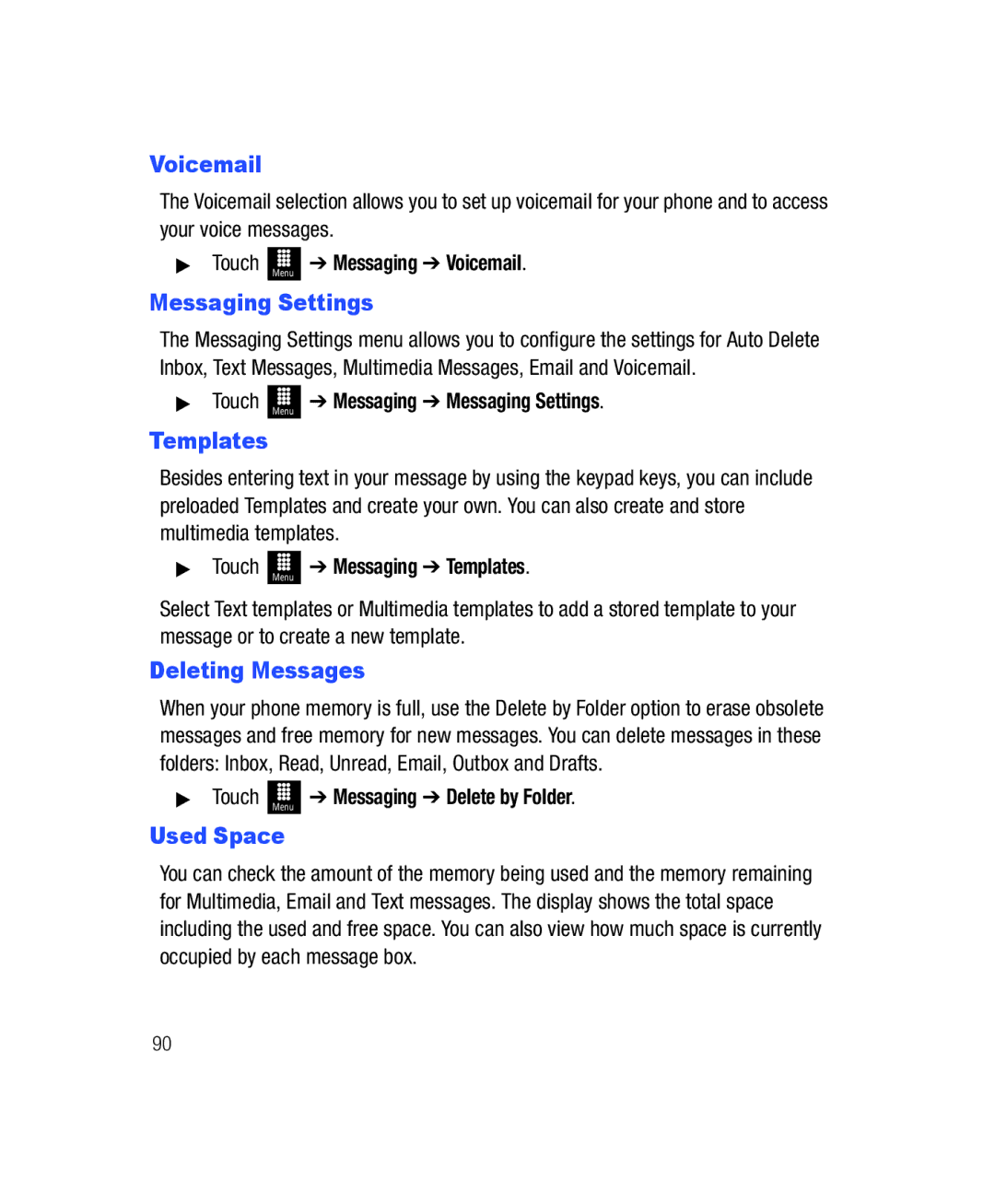 Samsung SGH-T528G user manual Voicemail, Messaging Settings, Deleting Messages, Used Space 